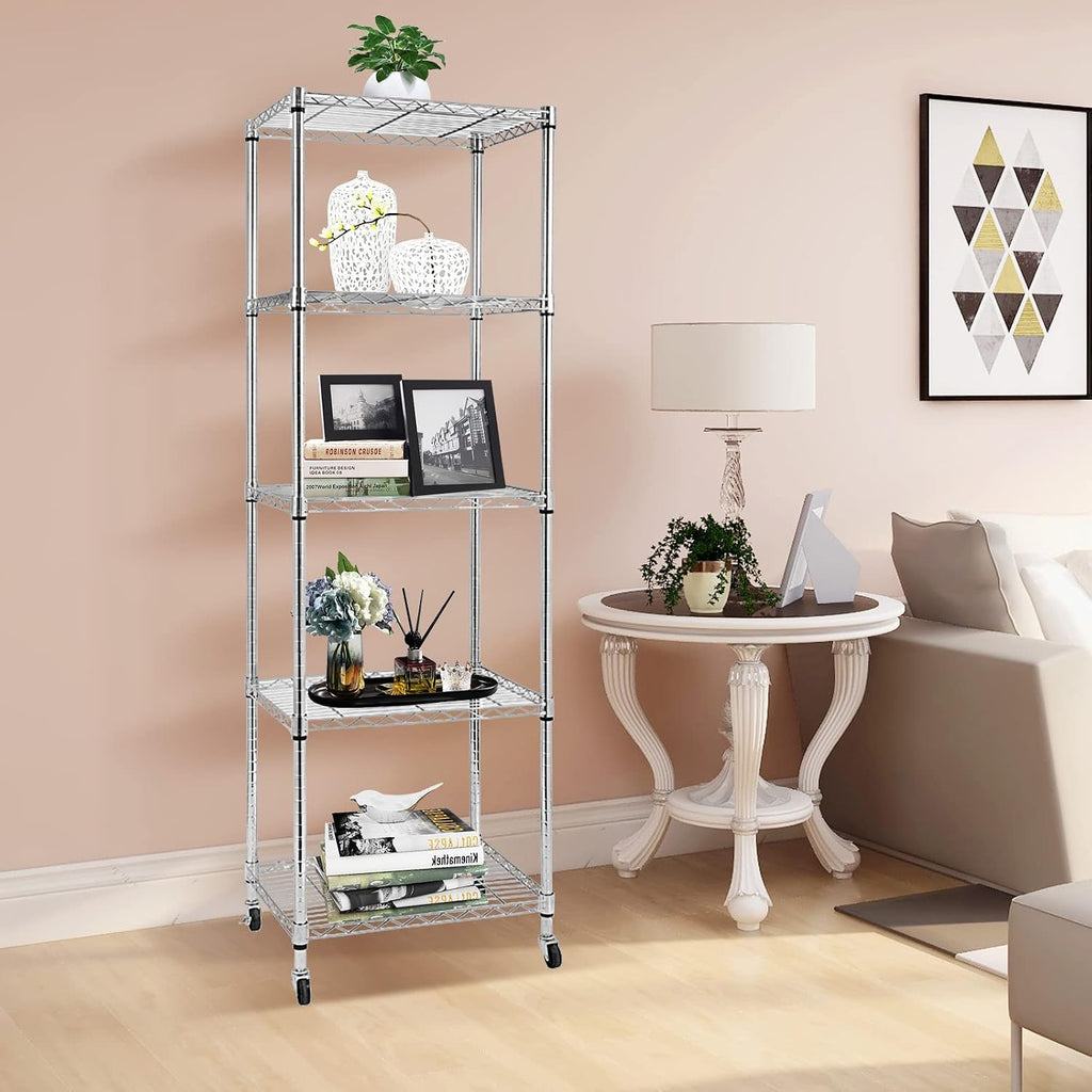 5 Tier Wire Shelving Unit With Wheels, Adjustable Narrow Metal Shelf, NSF Certified Storage for Laundry, Garage, Kitchen, Pantry, 18' D X 24' W X 71' H, Chrome