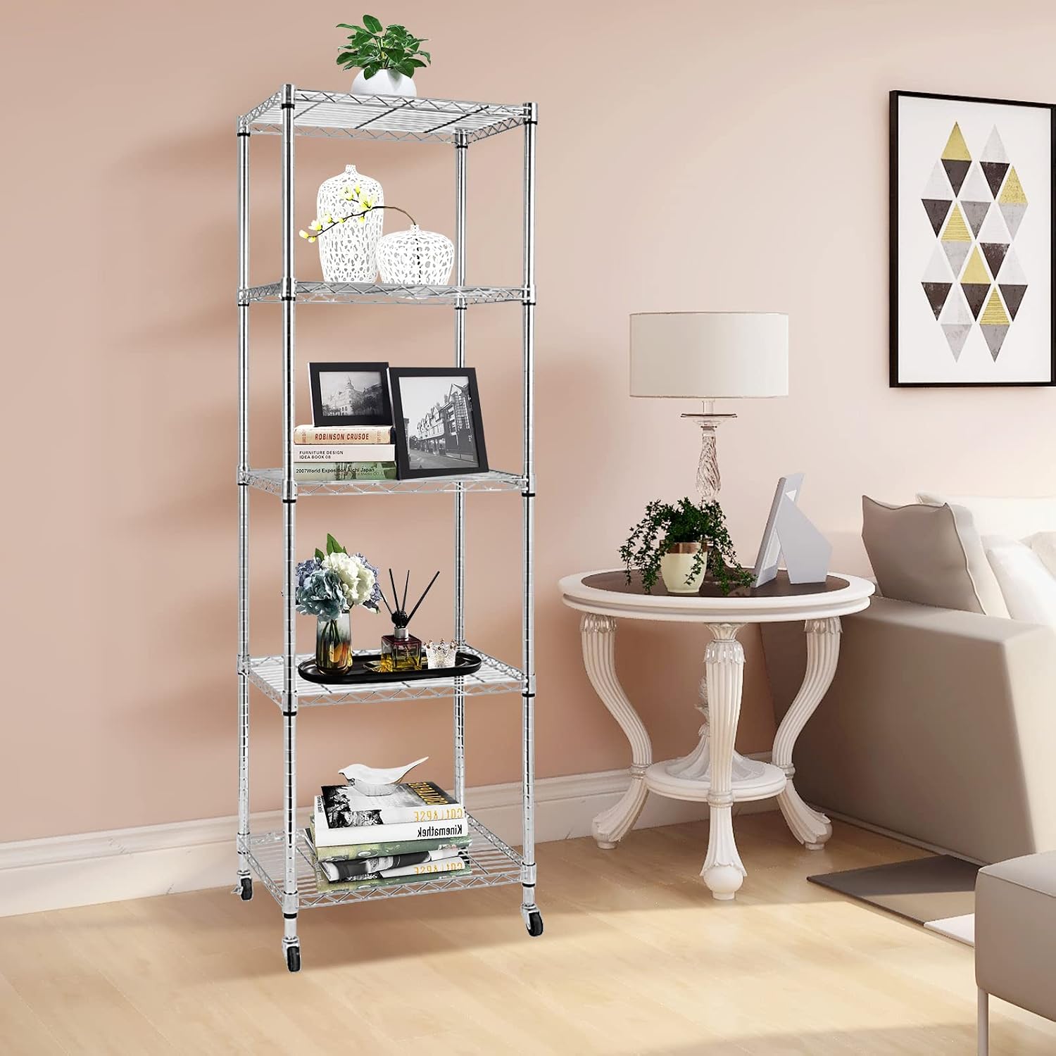 5 Tier Wire Shelving Unit With Wheels, Adjustable Narrow Metal Shelf, NSF Certified Storage for Laundry, Garage, Kitchen, Pantry, 18' D X 24' W X 71' H, Chrome