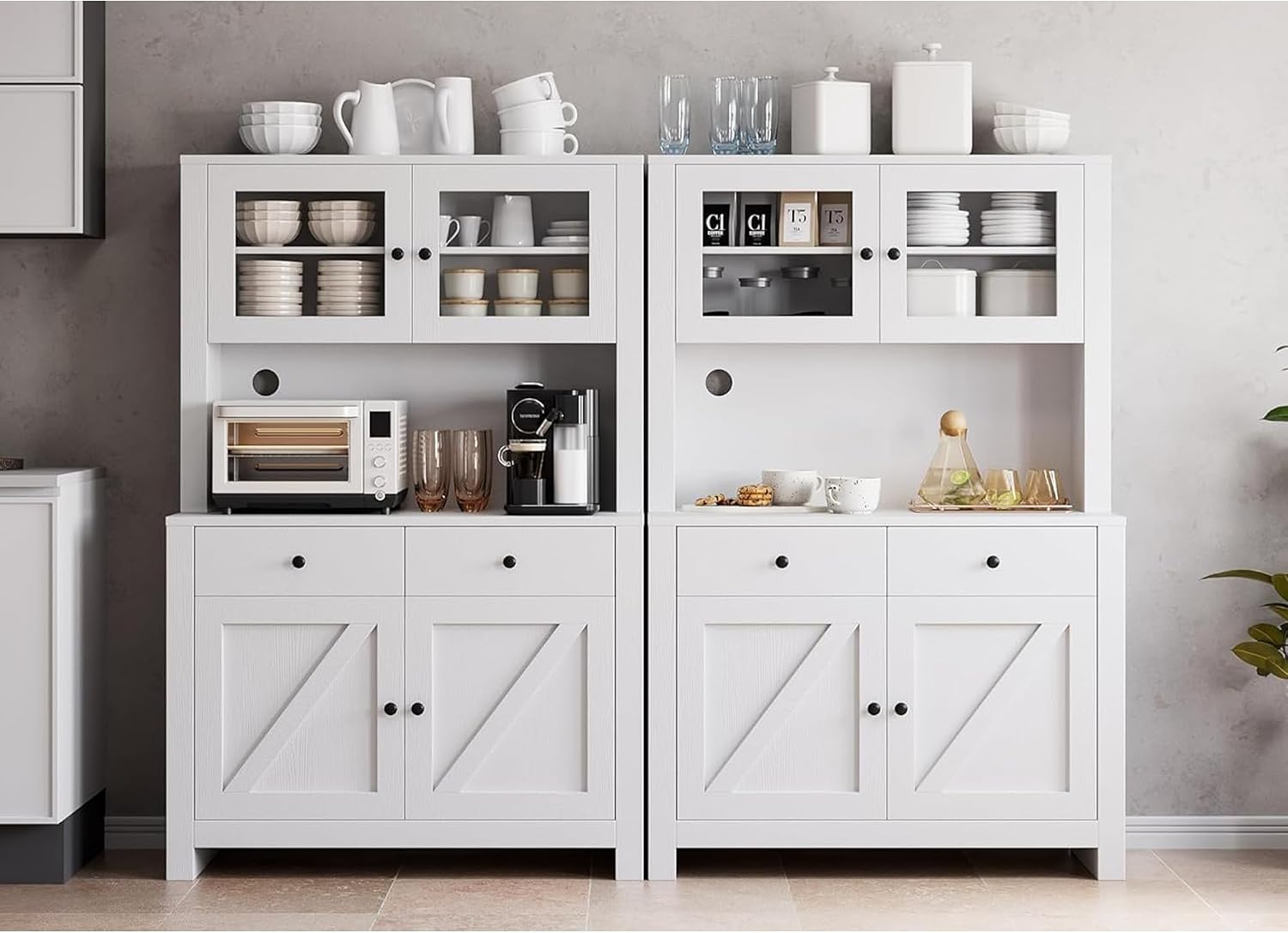IDEALHOUSE 63' Kitchen Pantry Cabinet with Drawers, Hutch Cabinet with Storage, Microwave Stand, Adjustable Shelves, Freestanding Tall Pantry Storage for Dining Room, Living Room, White
