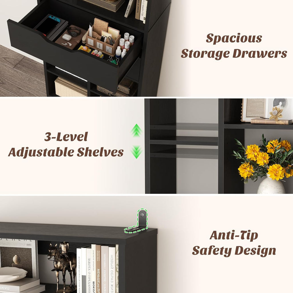 Armocity 9-Tier Tall Bookshelf with 4 Drawers, 79.7' Narrow Freestanding Bookcase, Space-Saving Wood Display Shelves Storage for Living Room, Home Office Bedroom, Set of 2 Black