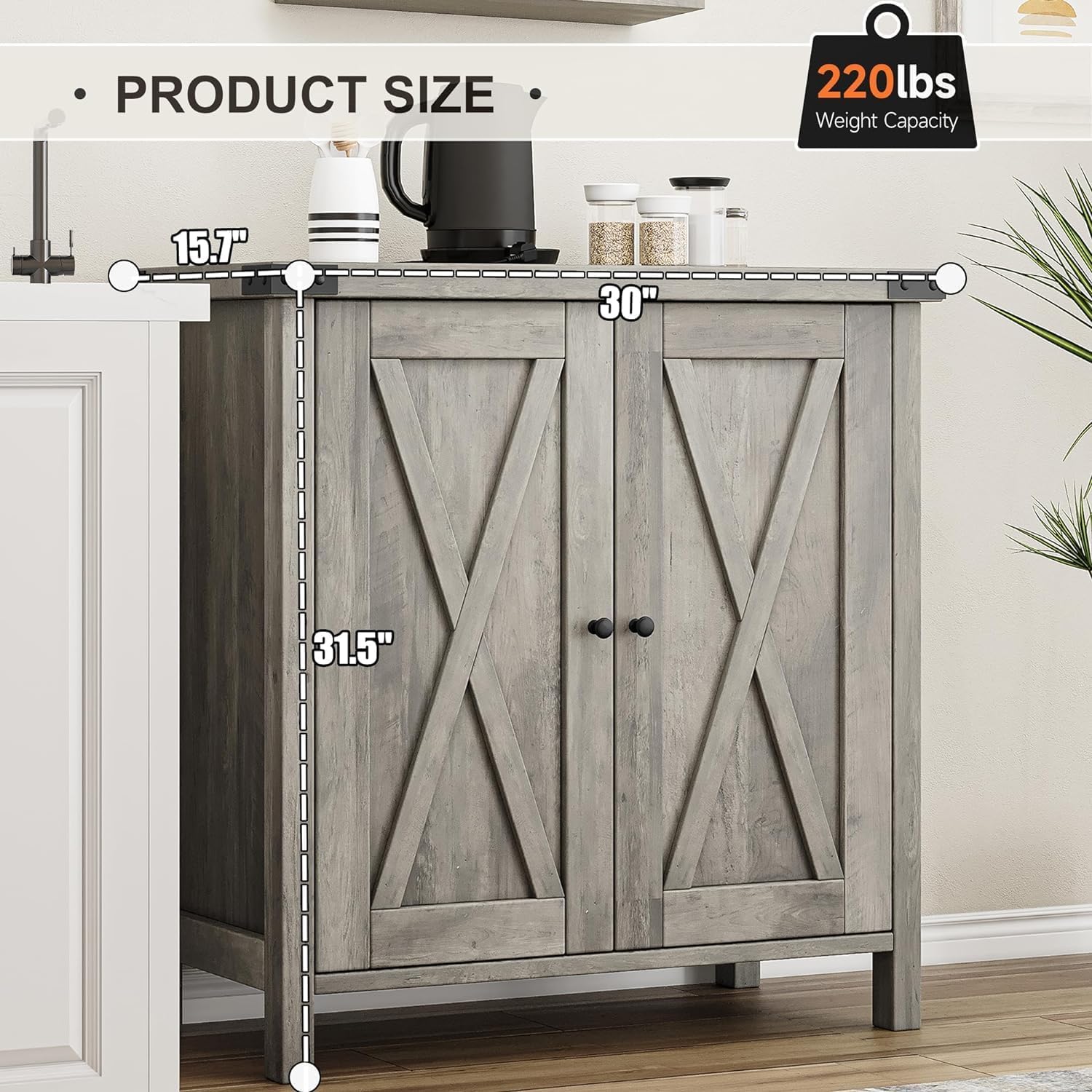 GarveeHome Small Storage Cabinet, Farmhouse Sideboard Buffet Cabinet with 2 Doors and Adjustable Shelves, Accent Entryway Console Cabinets for Living Room, Dining Room (Rustic Gray, 2 Pieces)