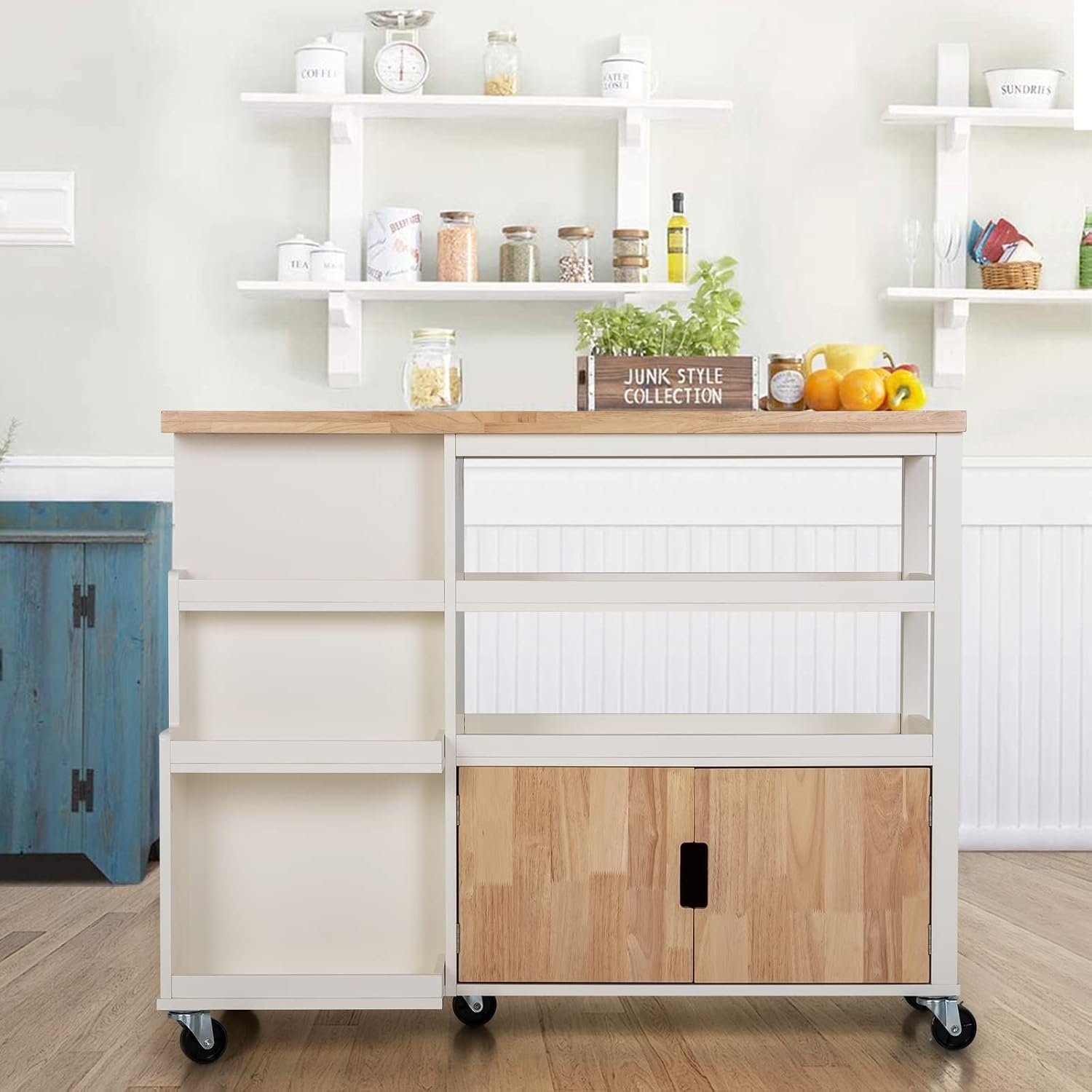 Sophia & William Kitchen Island Cart on Wheels, Rolling Kitchen Trolley with Rubber Wood Tabletop, Storage Drawers, Cabinet and Open Shelves
