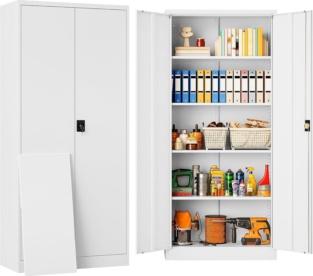 SISESOL White Metal Storage Cabinet with Adjustable Shelves,71' Tall Metal Cabinet with Locking Doors,Steel Cabinet with Lock,Lockable Storage Cabinets for Home,Office,Kitchen,Laundry,Pantry