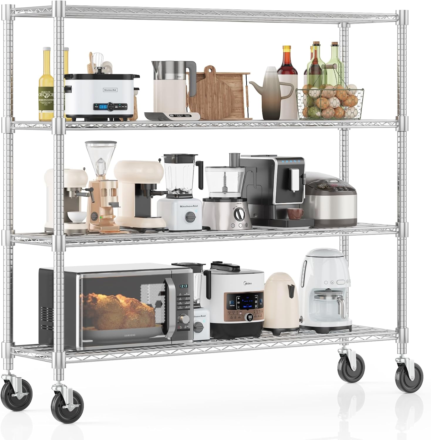 Homdox 4 Tier Heavy Duty Metal Wire Shelving with Wheels, 2400 lbs Capacity Garage Storage Rack, Rolling Industrial Storage, Adjustable Commercial Shelves for Kitchen, Warehouse, 18'x60'x72', Chrome