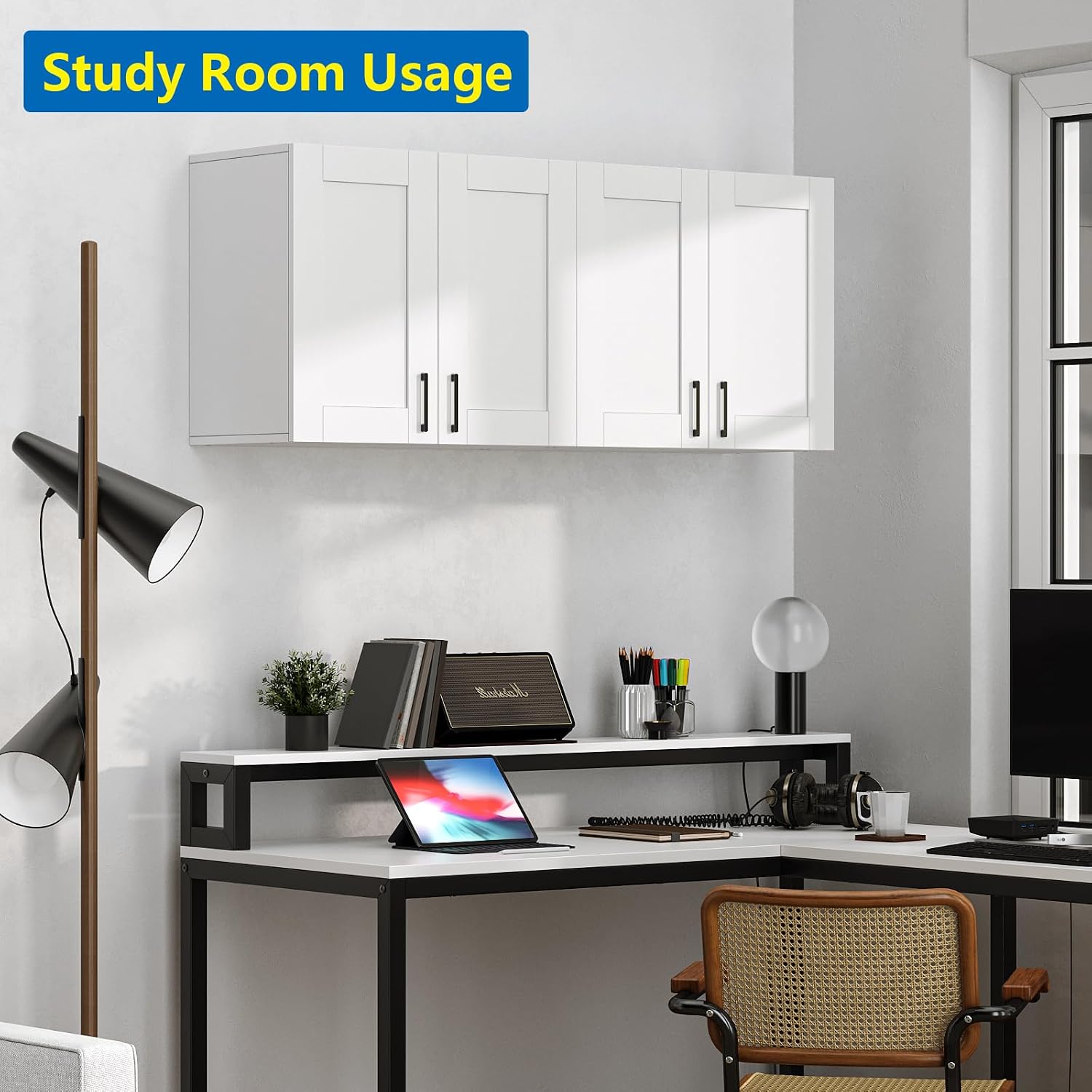 Wooden White Laundry Room Cabinets and Storage with 4 Doors and Adjustable Shelf，Gabinetes para Cocina Cupboard Kitchen Organizers and Storage Pantry Wall Mounted 12.4' D x 47.2' W x 19.7' H