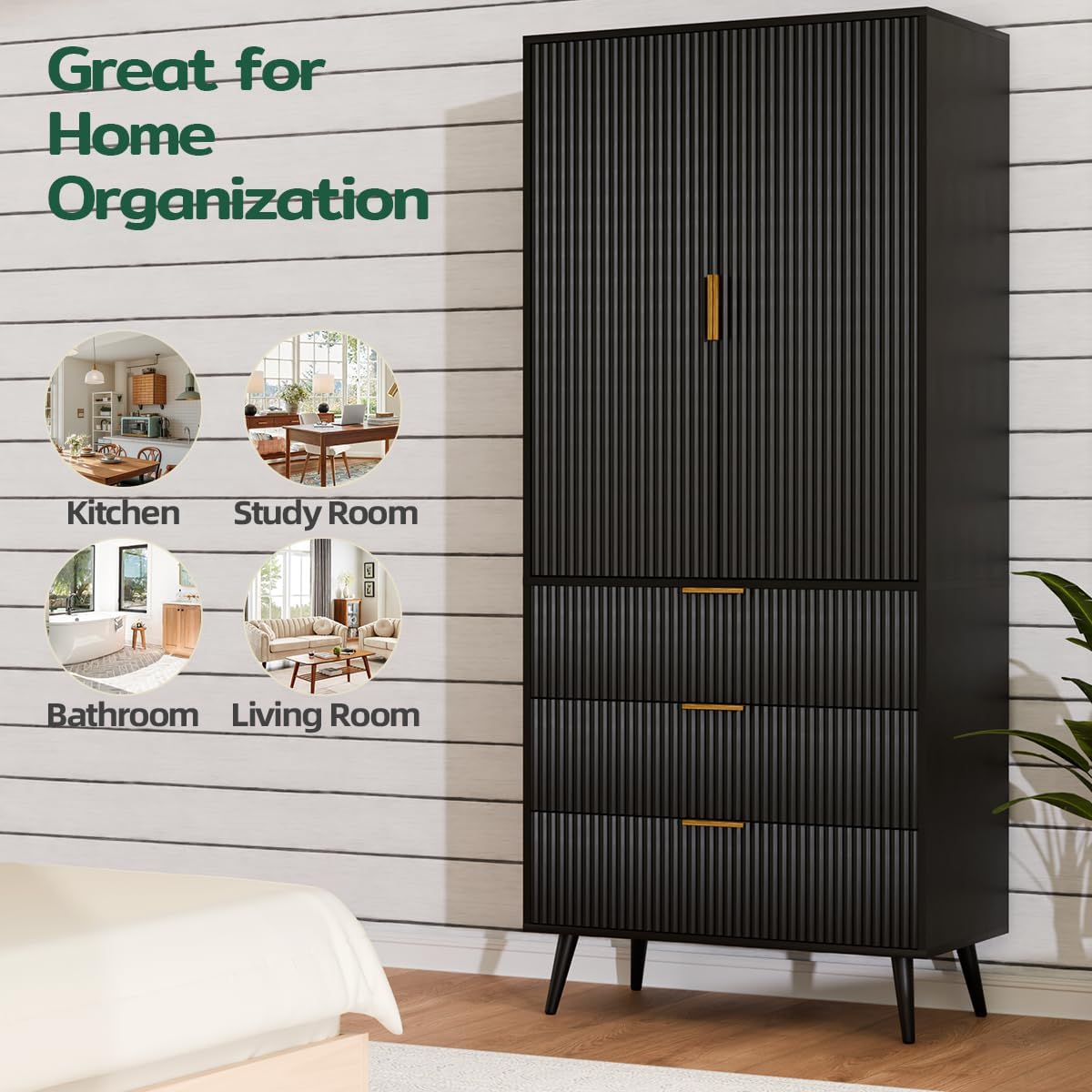 Tall Storage Cabinet, Kitchen Pantry Cabinet with Adjustable Shelves & Fluted Panel Design, Wood Cupboard with 3 Drawers 2 Doors, Tall Home Cupboard for Living Room, Kitchen, Black