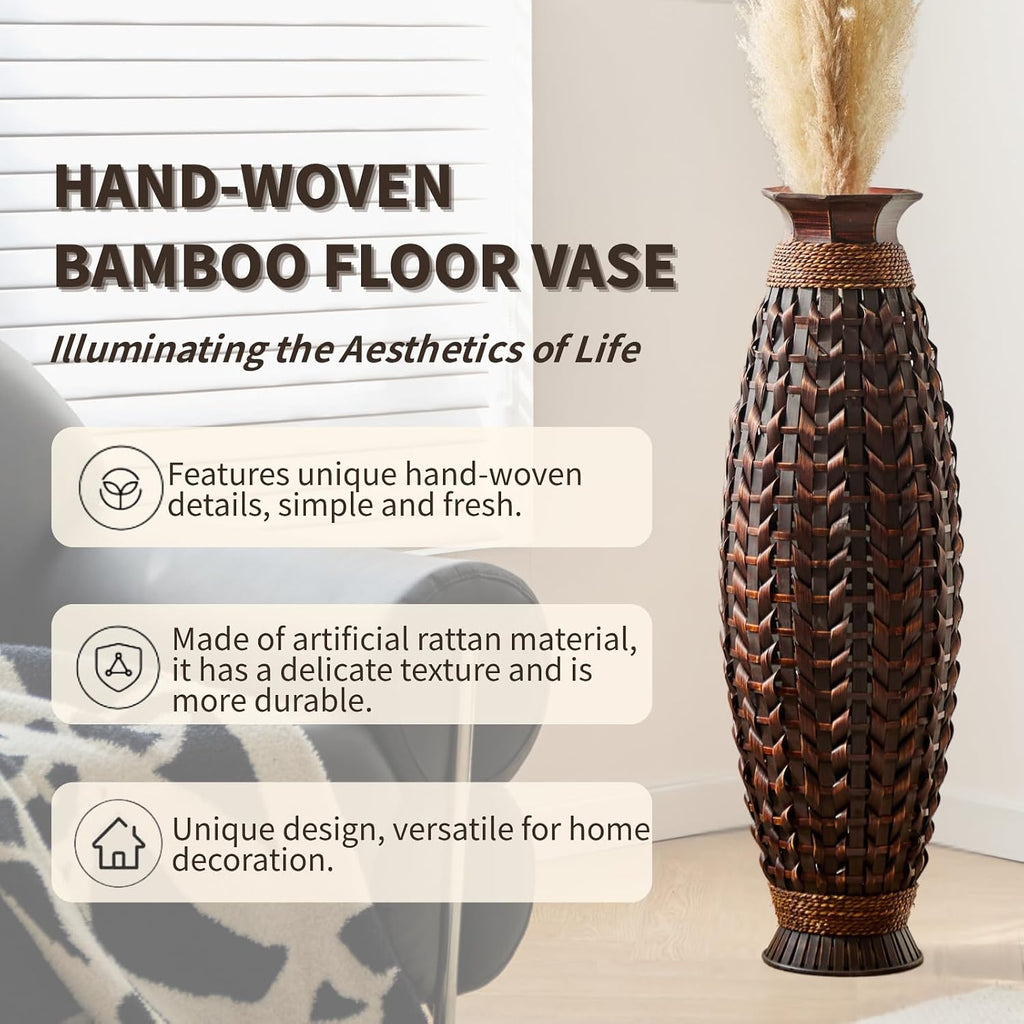 39-Inch Large Handwoven Rattan Floor Vase, Bamboo Weave Tall Vase for Dried Flowers, Boho Chic Home Decor for Living Room, Bedroom, Entryway