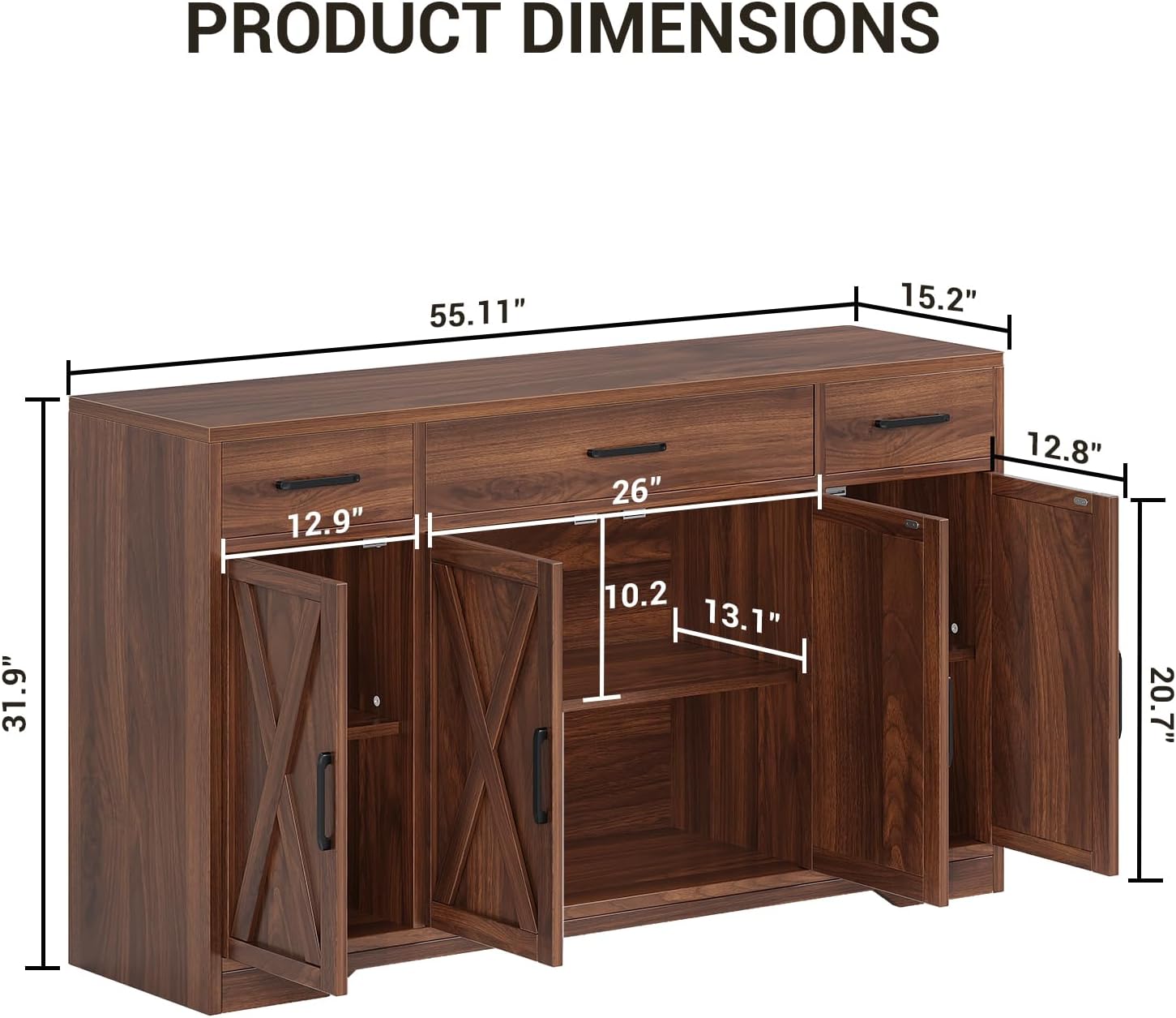 Garvee 55 in Large Buffet Sideboard Cabinet with Storage 4 Doors and 3 Drawers Kitchen Storage Cabinet Coffee Bar Buffet Table for Dining Room, Living Room, Adjustable Shelf