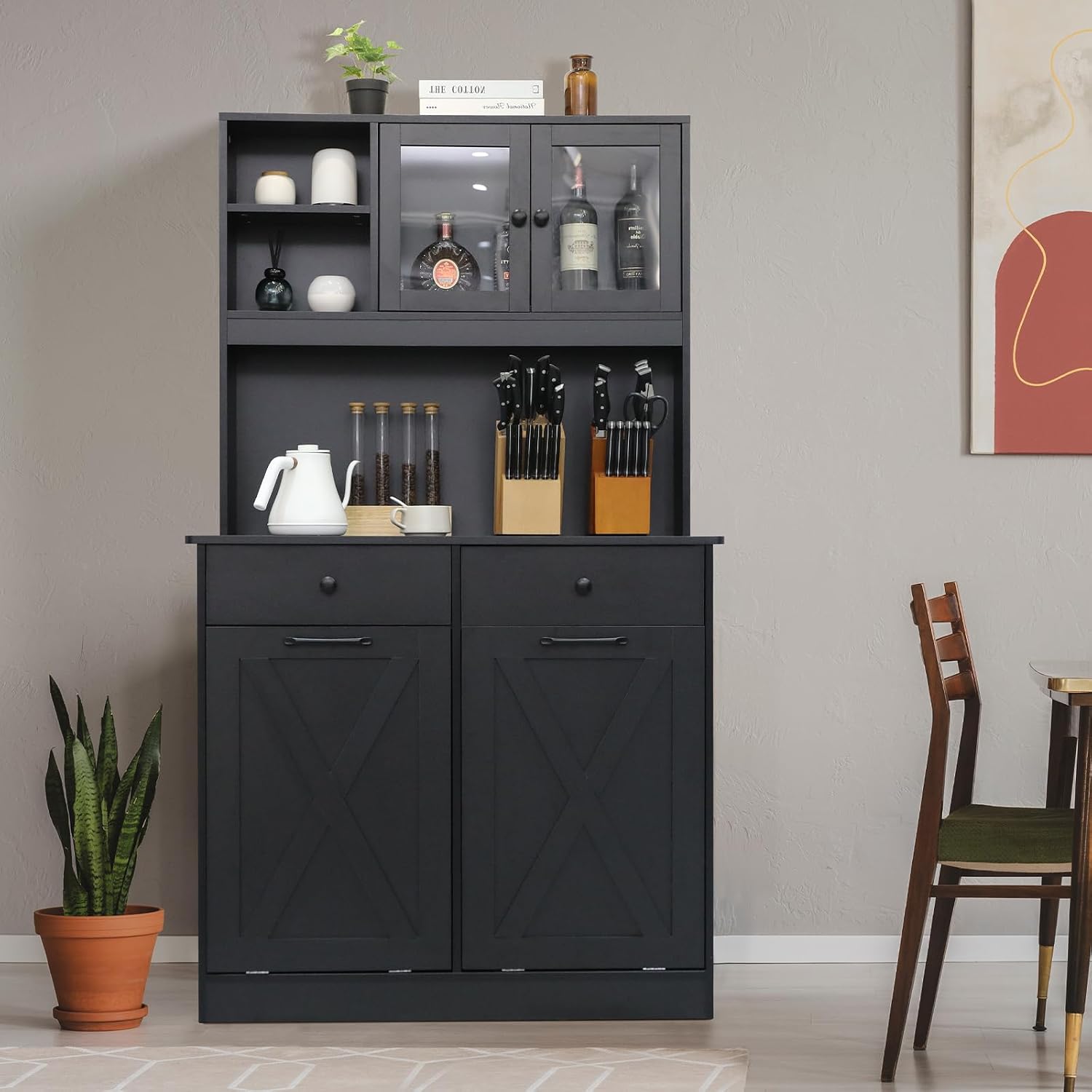 Arlopu Dual Tilt Out Trash&Storage Cabinet, Kitchen Sideboard Cupboard W/Pet Proof 10X2 Gal Hidden Garbage Holder, Freestand Laundry Sort Cabinet, W/Drawer, Shelves,Barn Door (Black)