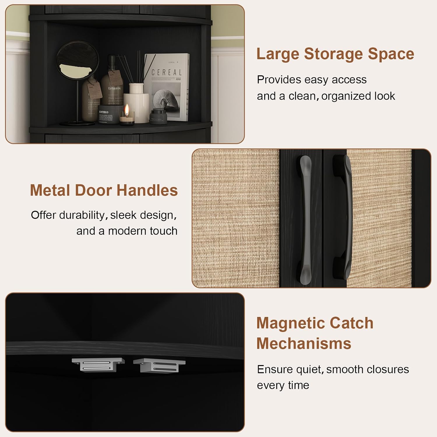 HOKYHOKY Tall Corner Cabinet, 64.7' Rattan Corner Storage Cabinet with 4 Doors and 5 Storage Shelves, Farmhouse Space Saver, Boho Shelf for Living Room, Kitchen, Bathroom, Office, Rustic Black
