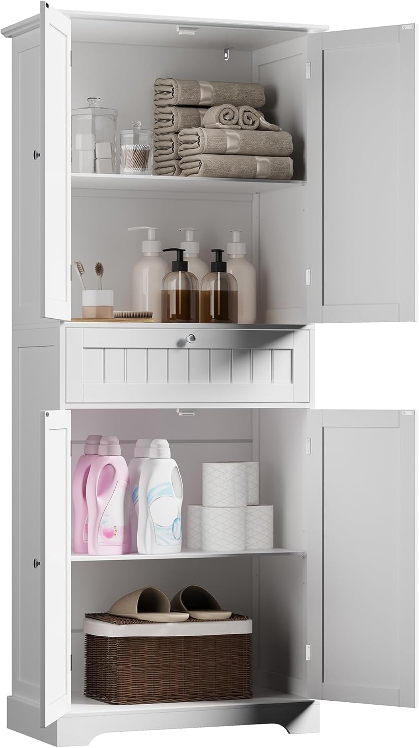ChooChoo 72' H Tall Bathroom Floor Cabinet, Modern Bathroom Storage Cabinet with Drawer and Adjustable Shelves, Freestanding Kitchen Pantry Cupboard with 4 Doors for Living Room, White