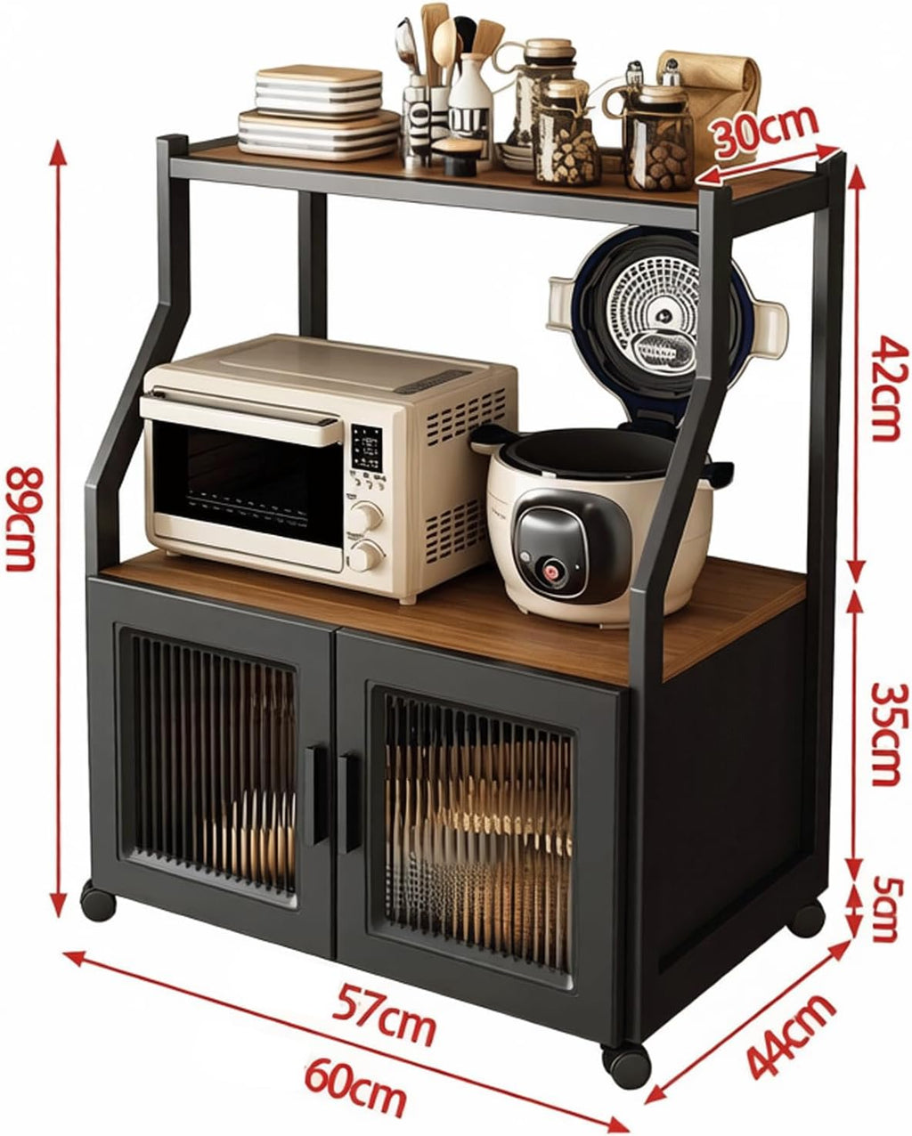 4 Tier Microwave Stand with Storage Matte Black Storage Rack Kitchen Pantry Glass Cabinet Doors Bakers Rack for cafes Living Room Office-B