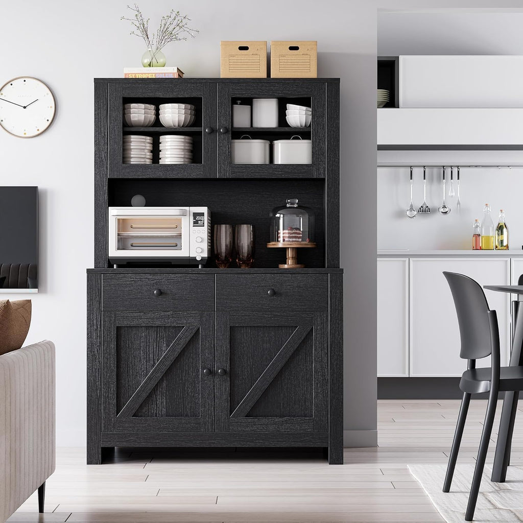GarveeHome Kitchen Pantry Cabinet with Microwave Stand, Freestanding Hutch Cabinet with Buffet Cupboard, Tall Kitchen Cabinets with Adjustable Shelves for Dining Room, Black