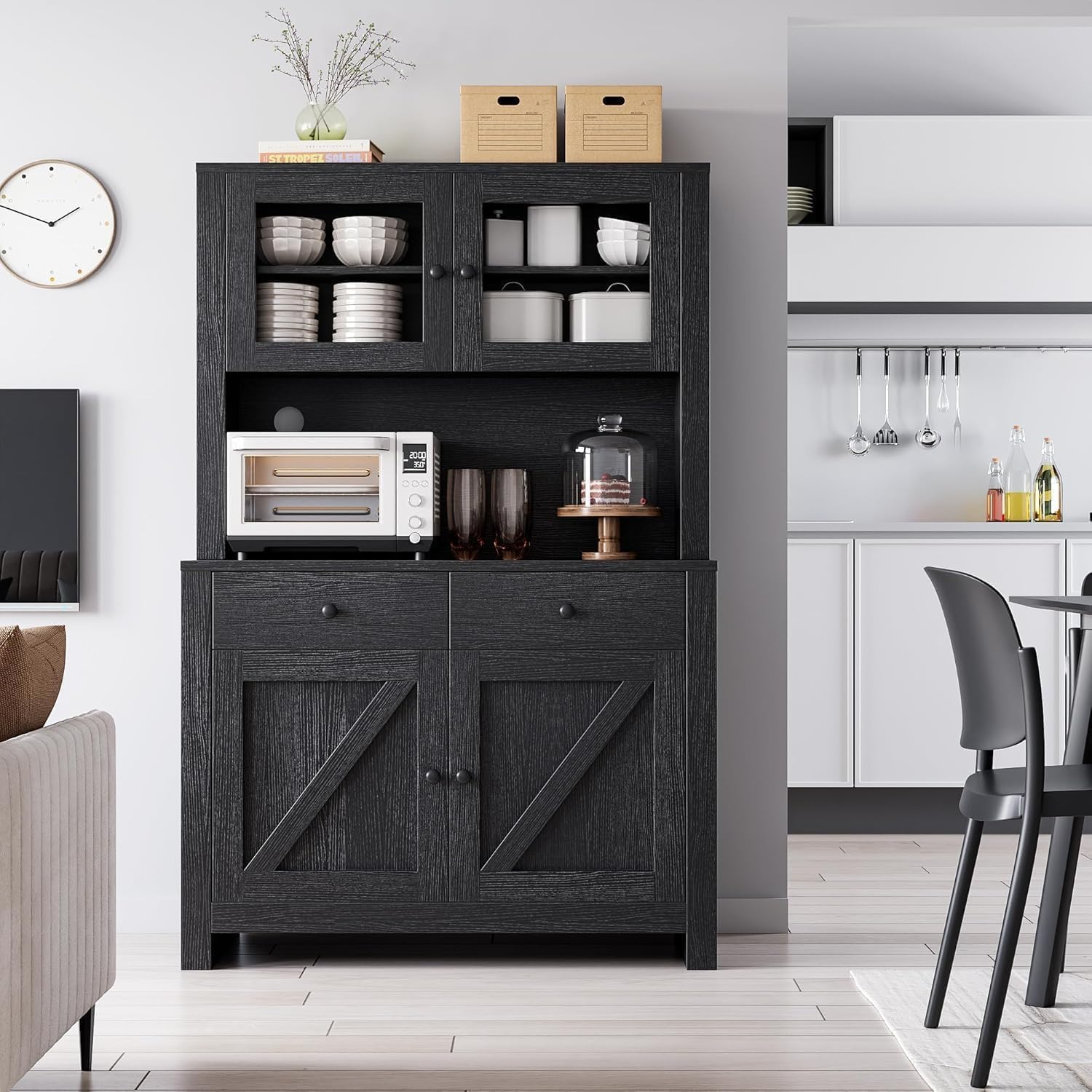 GarveeHome Kitchen Pantry Cabinet with Microwave Stand, Freestanding Hutch Cabinet with Buffet Cupboard, Tall Kitchen Cabinets with Adjustable Shelves for Dining Room, Black