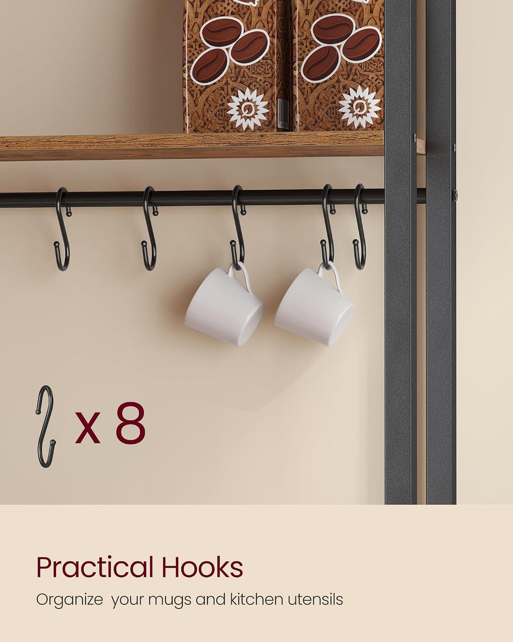 VASAGLE Kitchen Bakers Rack with Power Outlet, Coffee Bar with 35.4-Inch High Worktop, Microwave Stand with 8 Hooks, 15.7 x 31.5 x 66.9 Inches, Rustic Brown and Ink Black UKKS059K01