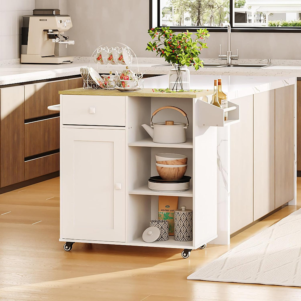 HOOBRO Kitchen Island with Power Outlet and Kitchen Island Bundle, Rolling Kitchen Cart on Wheels with Spice Rack and Drawer, for Home, Kitchen and Dining Room, WT82UZD01G1- WN12ZD01