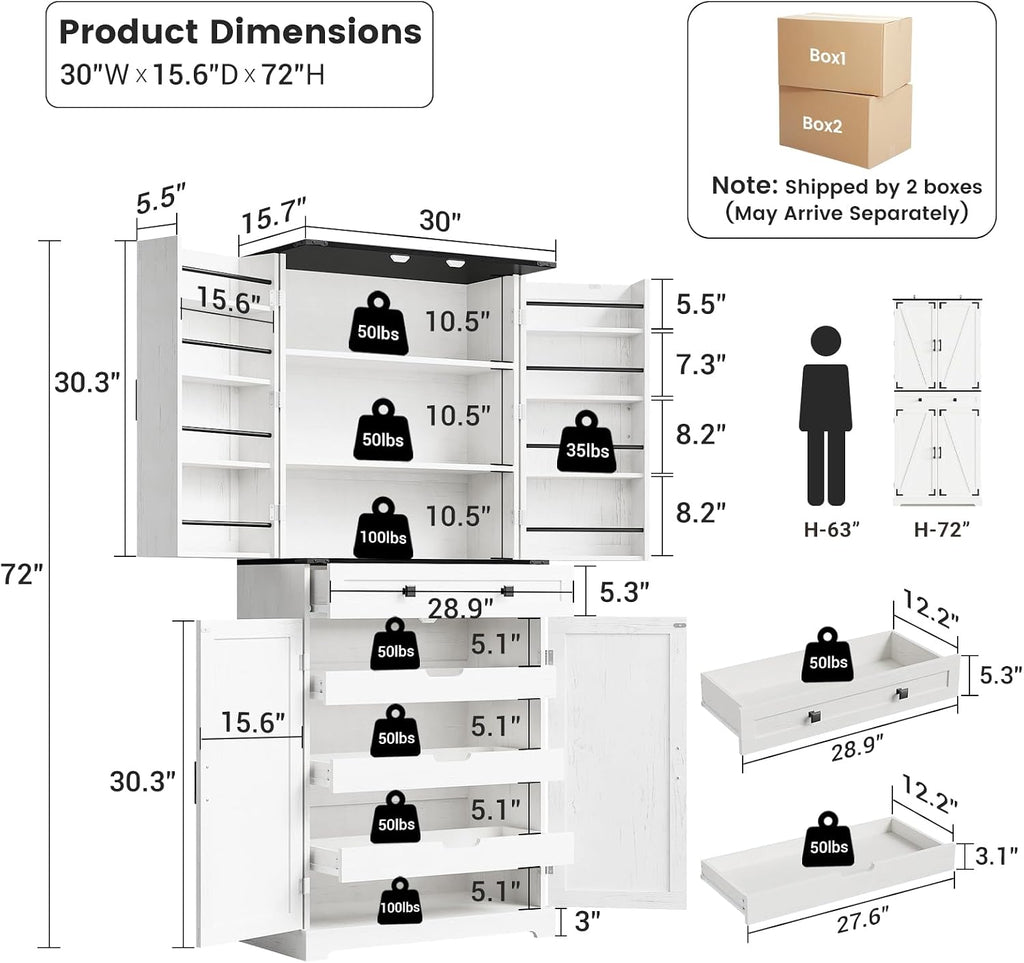 72' Kitchen Pantry Cabinet, Pantry Storage Cabinet with 8 Door Shelves and 3 Pull Out Shelves, Tall Pantry Cabinet with Adjustable Shelf and Large Drawer, Farmhouse Food Kitchen Hutch, For Dining Room