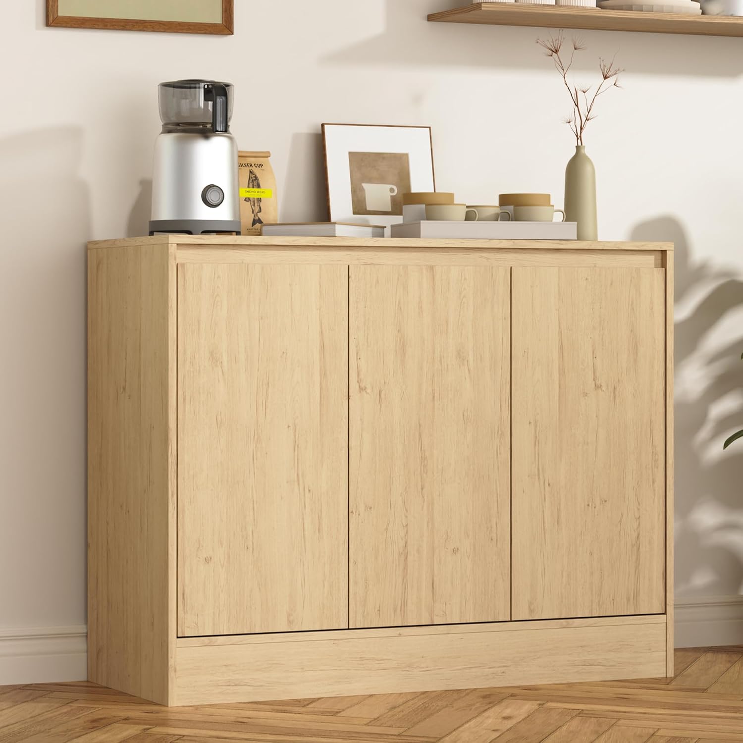 Housoul Buffet Cabinet with Storage, Coffee Bar Cabinet with 3 Doors and Adjustable Shelf, Modern Kitchen Buffet Sideboard for Living Room, Kitchen, Natural