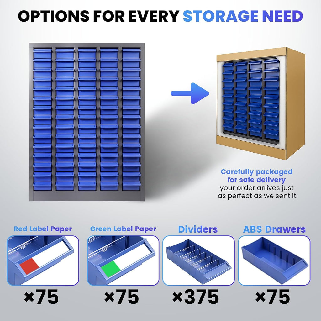 75-Drawer Small Parts Organizer, Nut and Bolt Organizer, Bolt Bin with ABS Drawers, Metal Storage Cabinet for Garage, Workshop, Home & Office, Tool Cabinet with Drawer