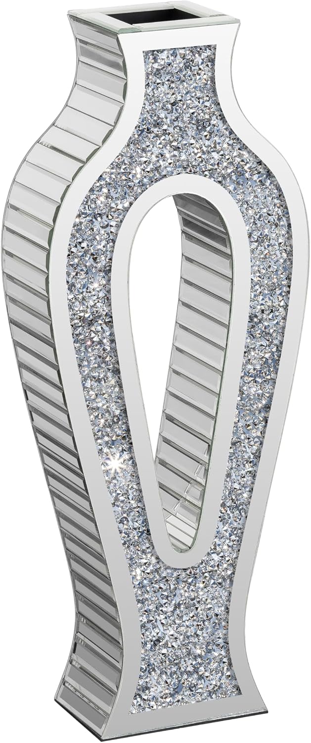SHYFOY Mirror Floor Vase with Silver Crystal Diamond Accents – Modern Hollow Tall Glass Vases for Living Room Decor, 30'' Large Shiny Bling Vase for Pampas Grass or Faux Flowers