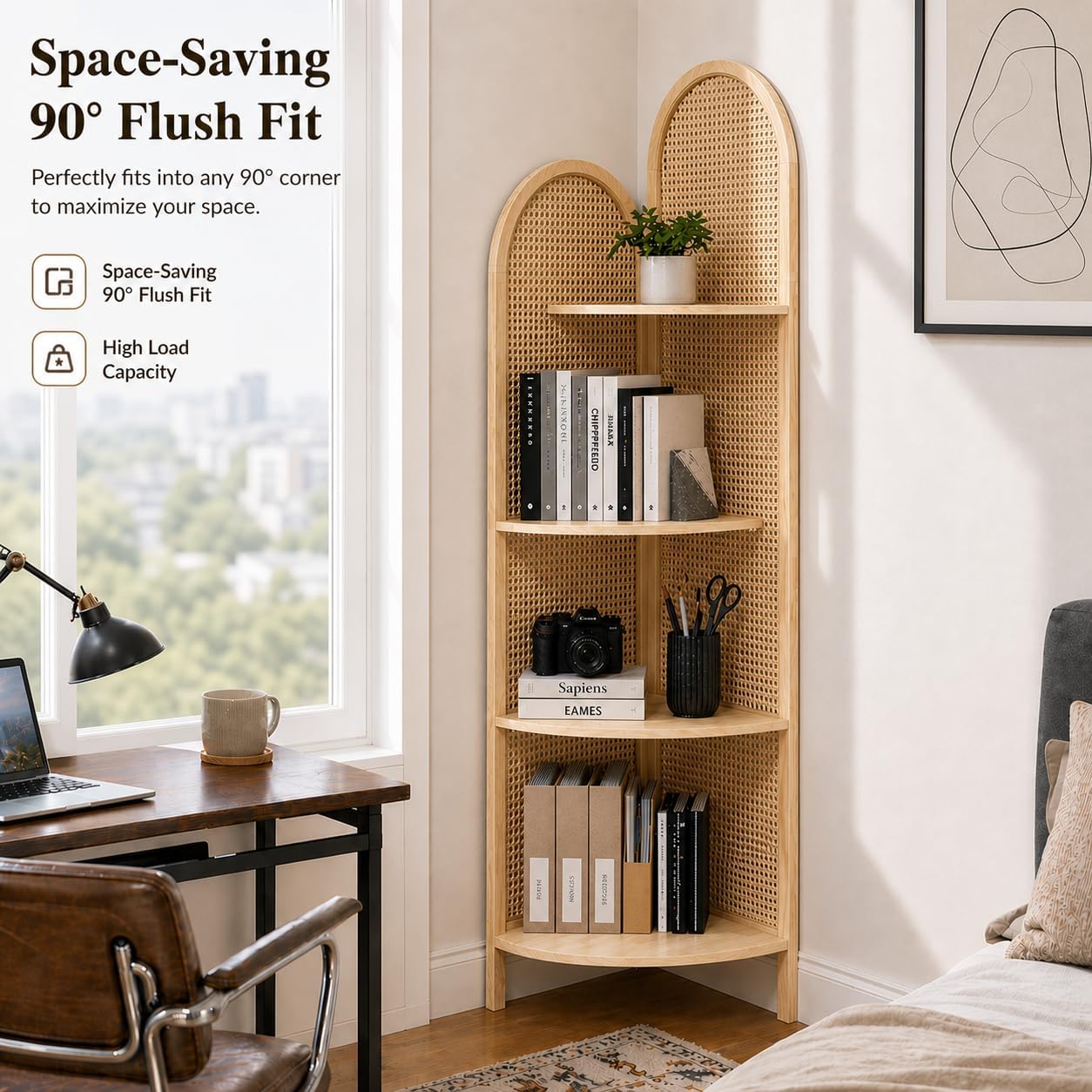 70' Tall Corner Bookshelf, 4-Tier Rattan Corner Shelf Stand for Small Spaces - Solid Wood Frame Display Organizer Rack, 90° Flush Wall Fit, Natural