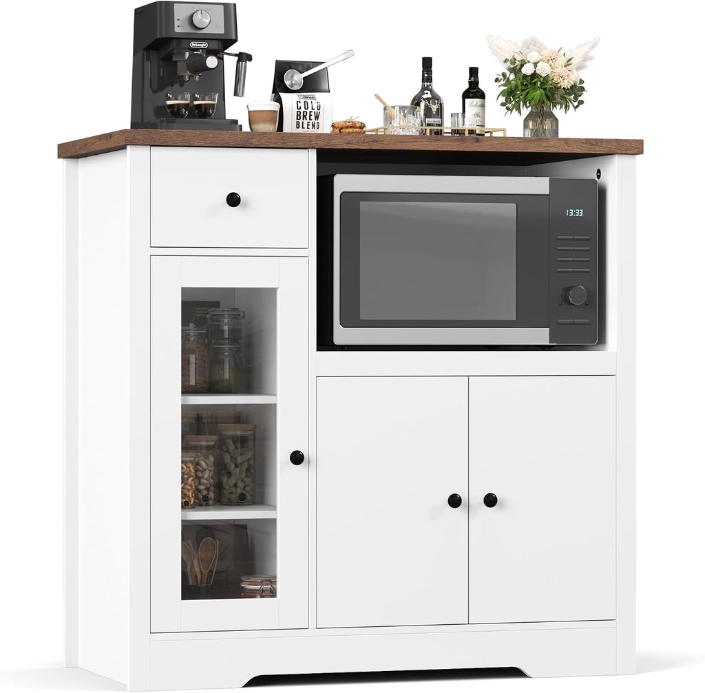 Senfot Kitchen Microwave Cabinet with Storage and Drawers, Modern Small Buffet Cabinet with Glass Doors and Adjustable Shelf, Wooden Sideboard with Wide Top for Dining Room, Living Room, White