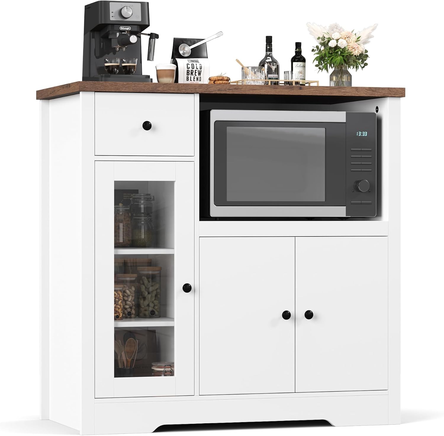 Senfot Kitchen Microwave Cabinet with Storage and Drawers, Modern Small Buffet Cabinet with Glass Doors and Adjustable Shelf, Wooden Sideboard with Wide Top for Dining Room, Living Room, White