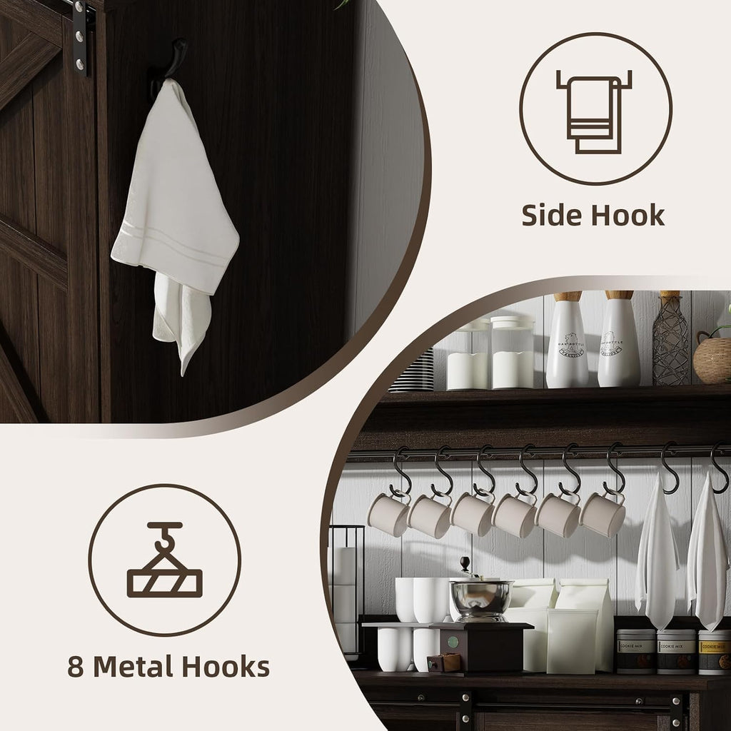 4ever2buy Farmhouse Coffee Bar Cabinet with 8 Hooks, 55' Kitchen Hutch Cabinet with Storage, Gray Coffee Bar with Sliding Barn Doors and 12 Racks for Living Dining Room, Dark Oak
