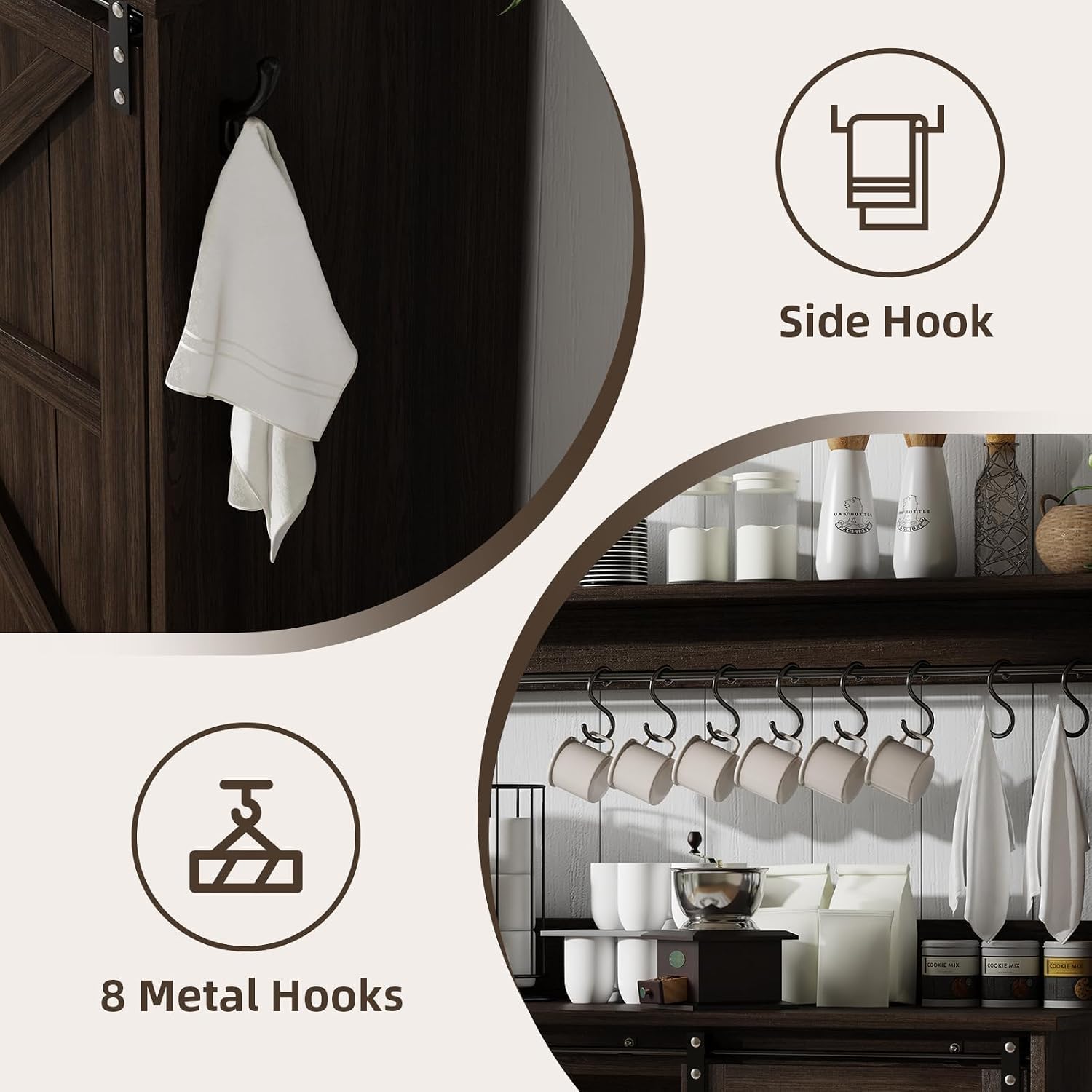 4ever2buy Farmhouse Coffee Bar Cabinet with 8 Hooks, 55' Kitchen Hutch Cabinet with Storage, Gray Coffee Bar with Sliding Barn Doors and 12 Racks for Living Dining Room, Dark Oak