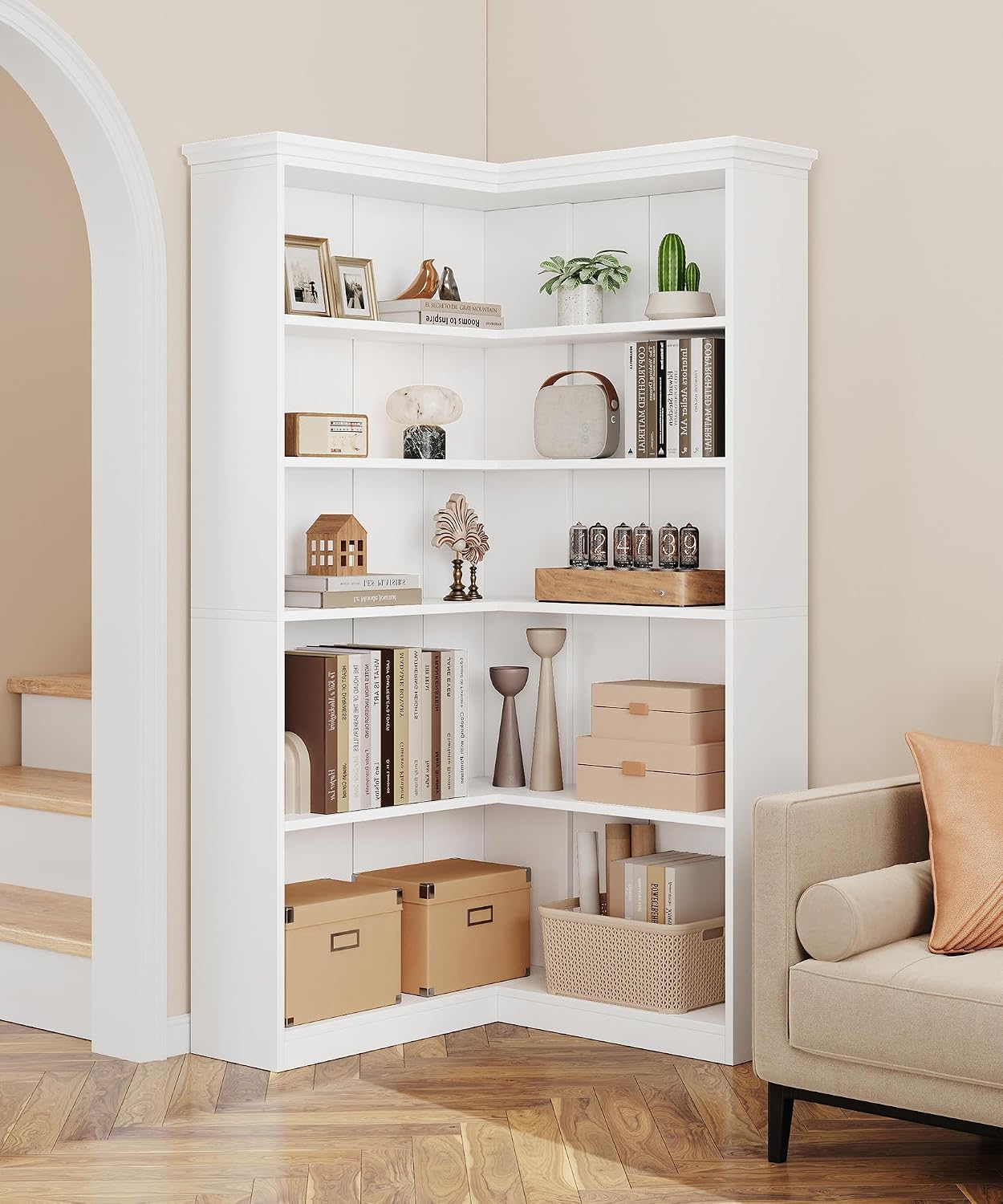 IDEALHOUSE Corner Bookshelf 72.8in Farmhouse Bookcase Large Bookshelves Wood Bookcase Tall 5 Tier Corner Shelf L Shaped Bookshelf Storage Display Rack Living Room Bedroom (White, Full Panel)