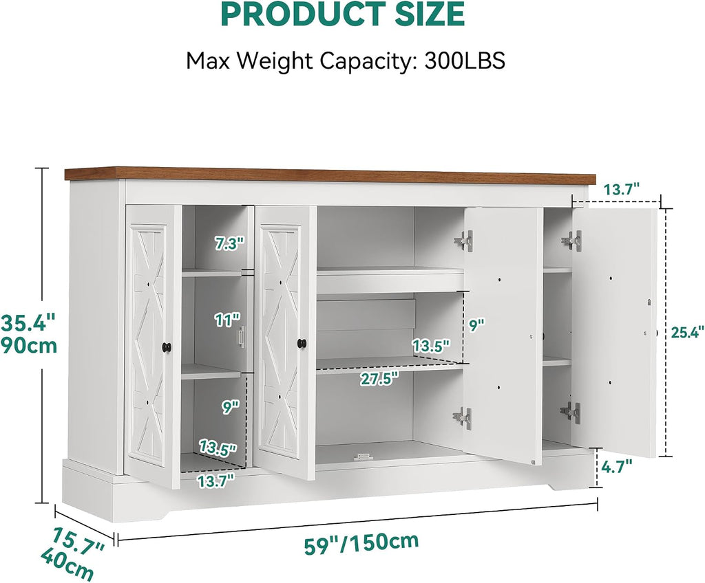 YITAHOME Sideboard Buffet Cabinet with Storage, 59' Buffet Storage with 4 Doors, Modern Farmhouse Coffee Bar Station Wood Kitchen Table with Adjustable Shelves for Kitchen, Living Room (White)