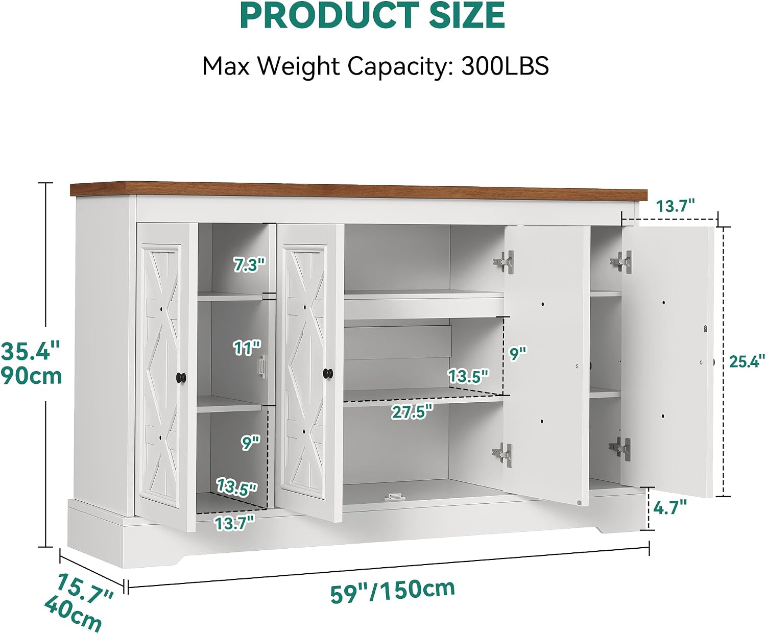 YITAHOME Sideboard Buffet Cabinet with Storage, 59' Buffet Storage with 4 Doors, Modern Farmhouse Coffee Bar Station Wood Kitchen Table with Adjustable Shelves for Kitchen, Living Room (White)