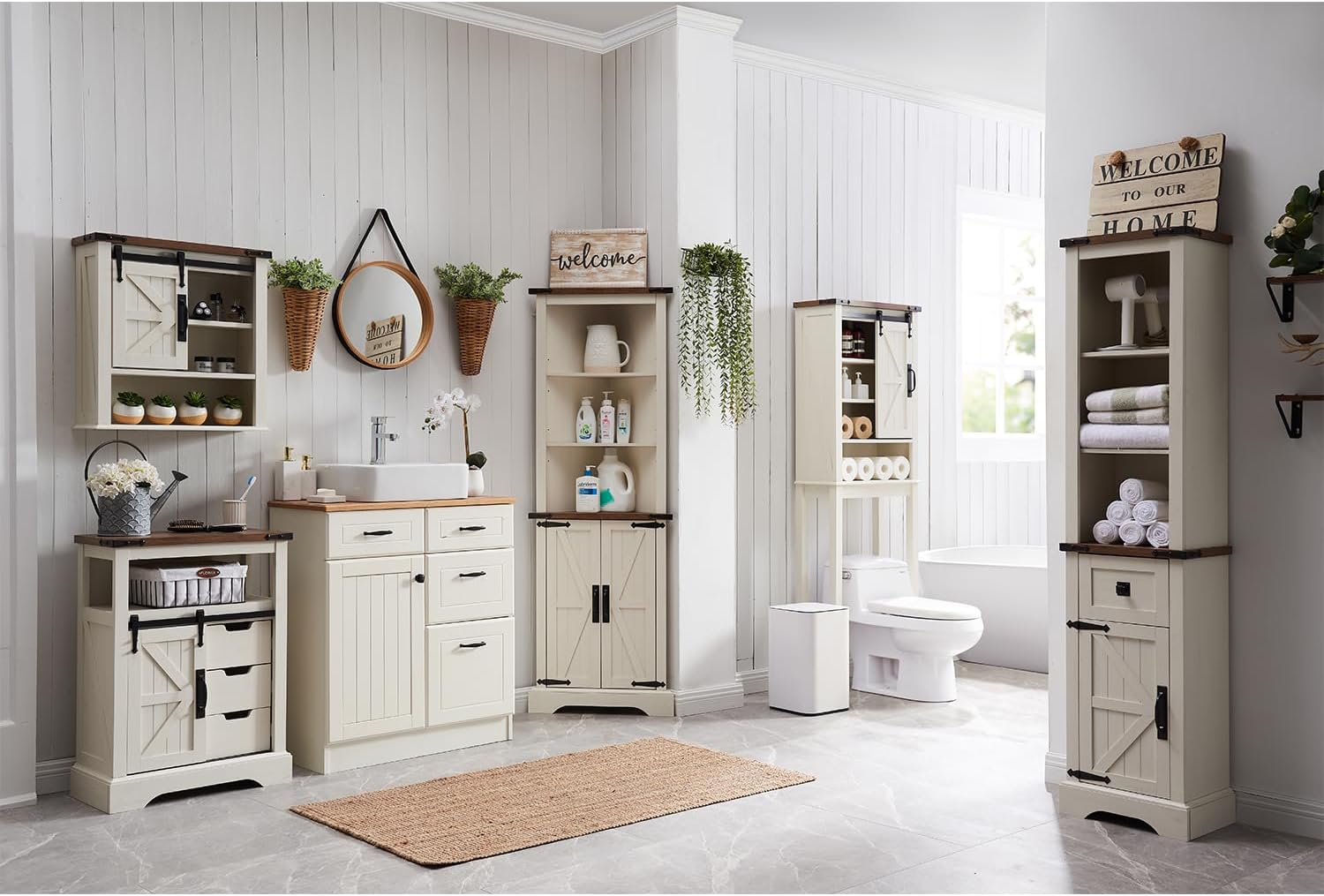 OKD 68' Tall Bathroom Storage Cabinet, Farmhouse Storage Cabinet with Barn Door & Drawer, Adjustable Shelves, Tall Linen Tower for Bathroom, Living Room, Rustic Oak with Antique White