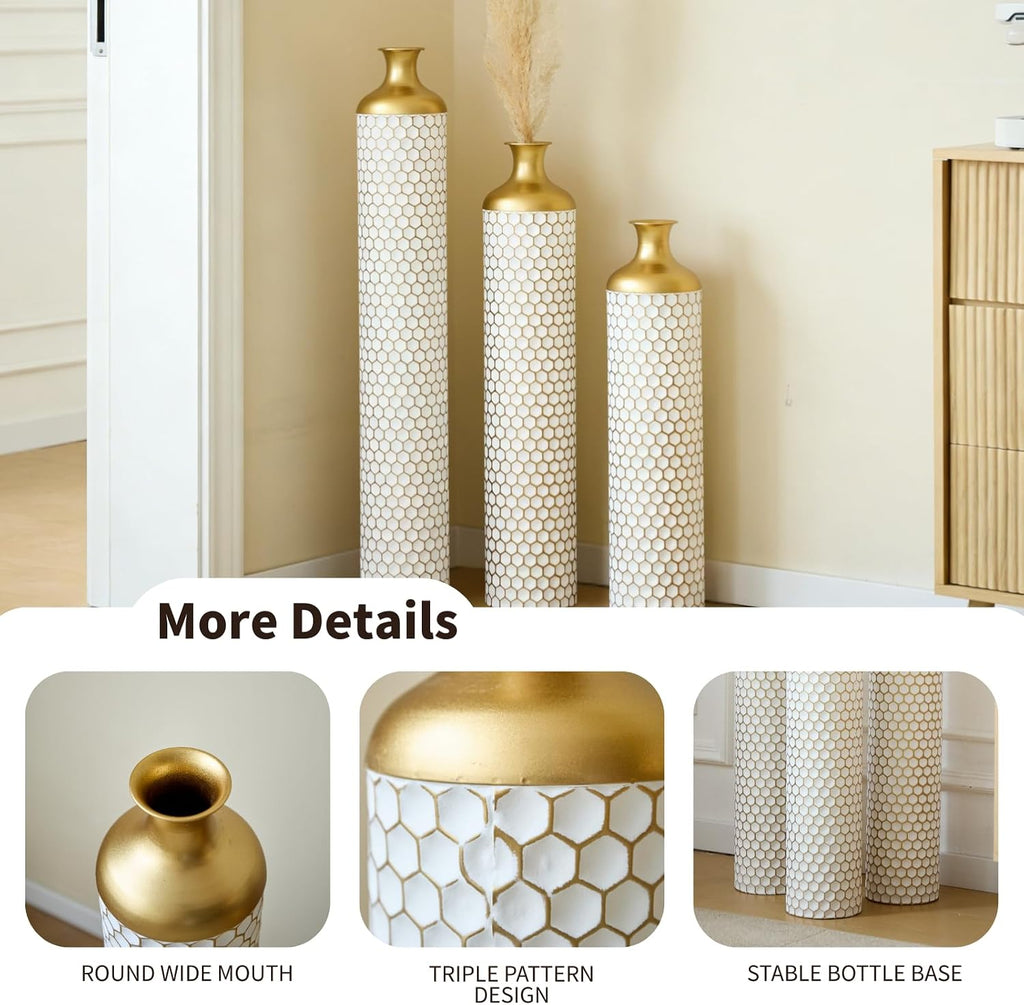 Modern White Droplet Floor Vase Set of 3 - Large Glazed Metal Floor Vases for Home Decor, Living Room & Entryway Decorations (White - 33.4'/ 28.7'/ 24.4' Height)
