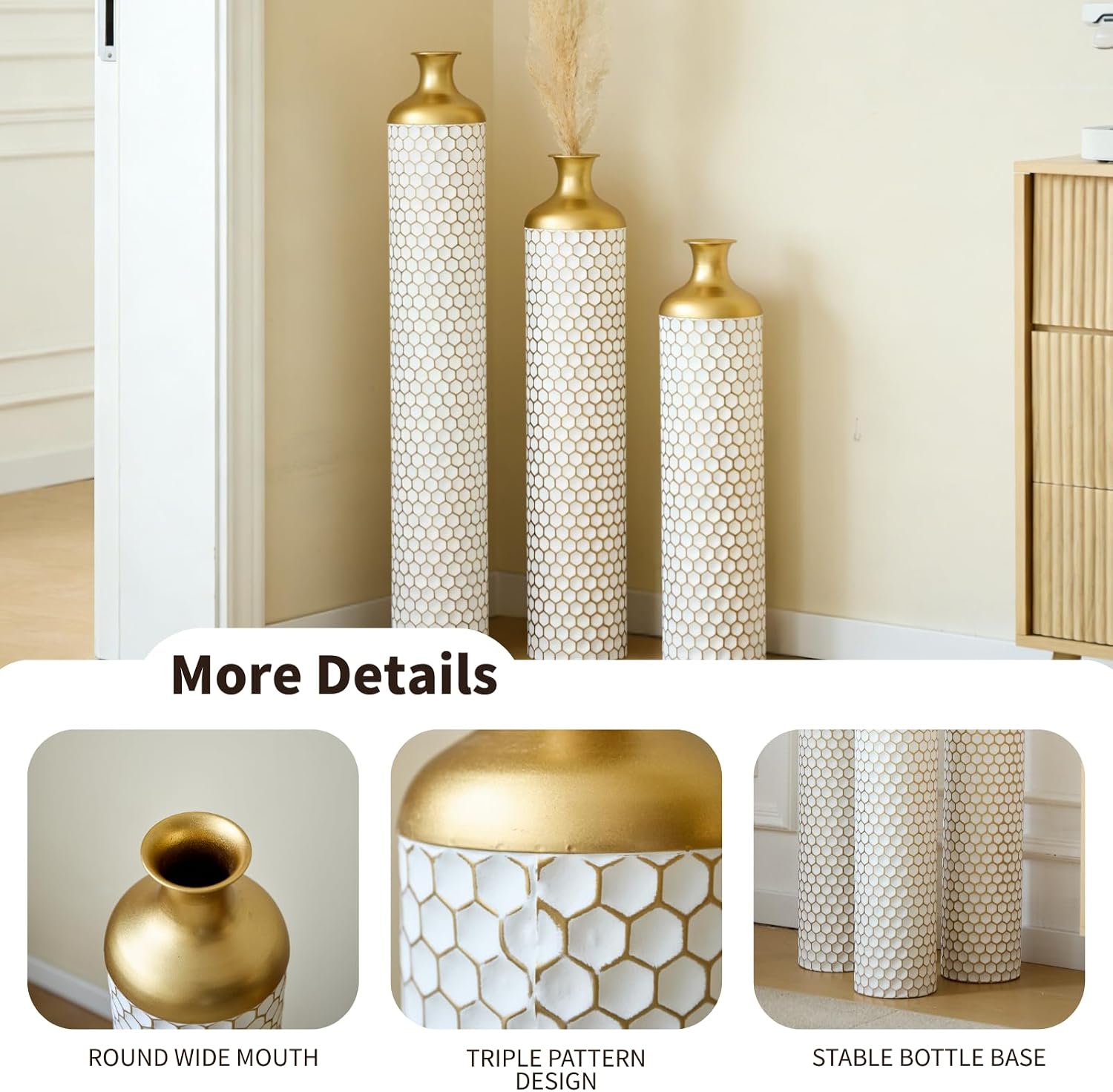 Modern White Droplet Floor Vase Set of 3 - Large Glazed Metal Floor Vases for Home Decor, Living Room & Entryway Decorations (White - 33.4'/ 28.7'/ 24.4' Height)