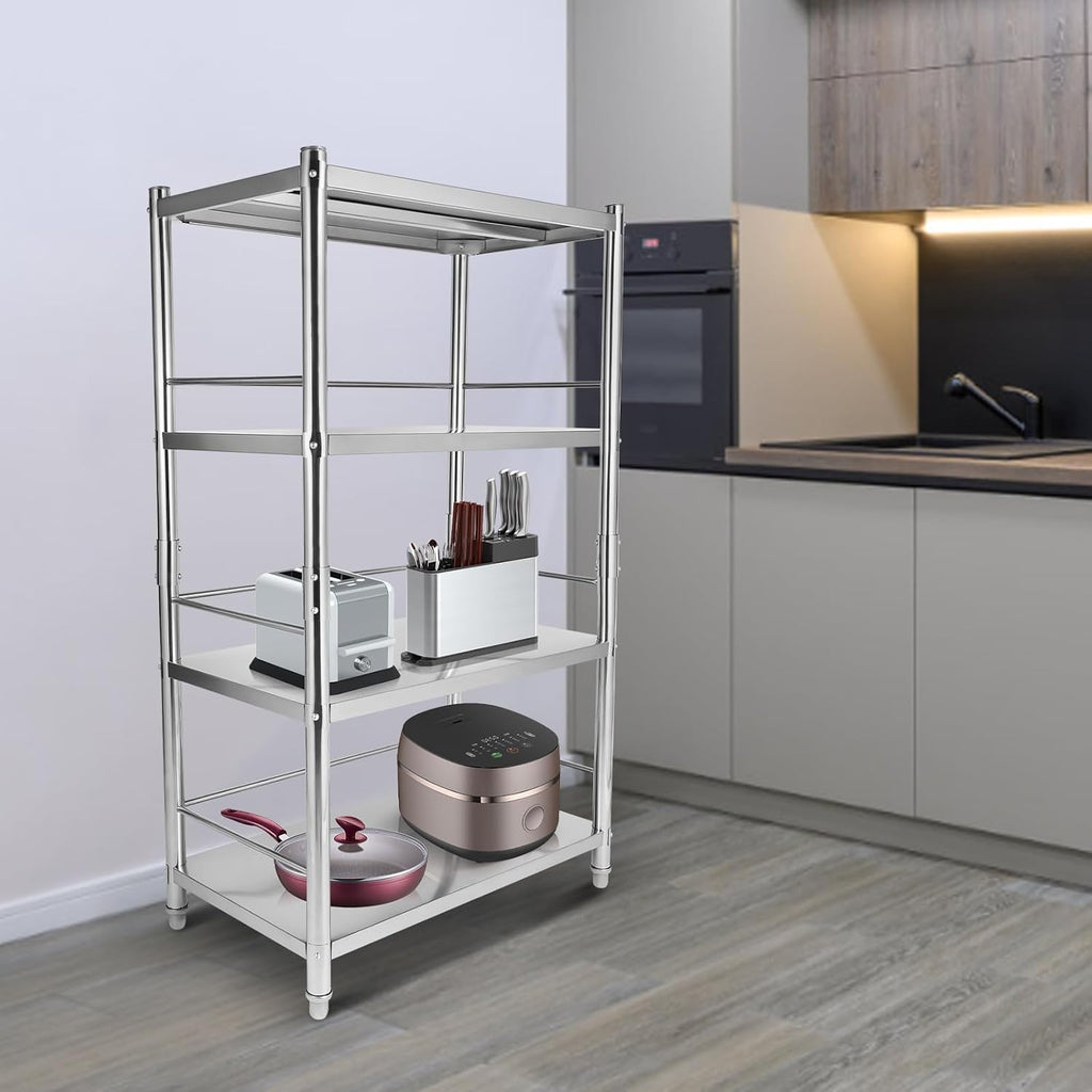 4-Tier Stainless Steel Shelving, Adjustable Height Stainless Steel Storage Shelf, Adjustable Shelf Storage Unit Heavy Duty Shelving for Kitchen Commercial Office Garage Storage, Load 200lb Per Shelf
