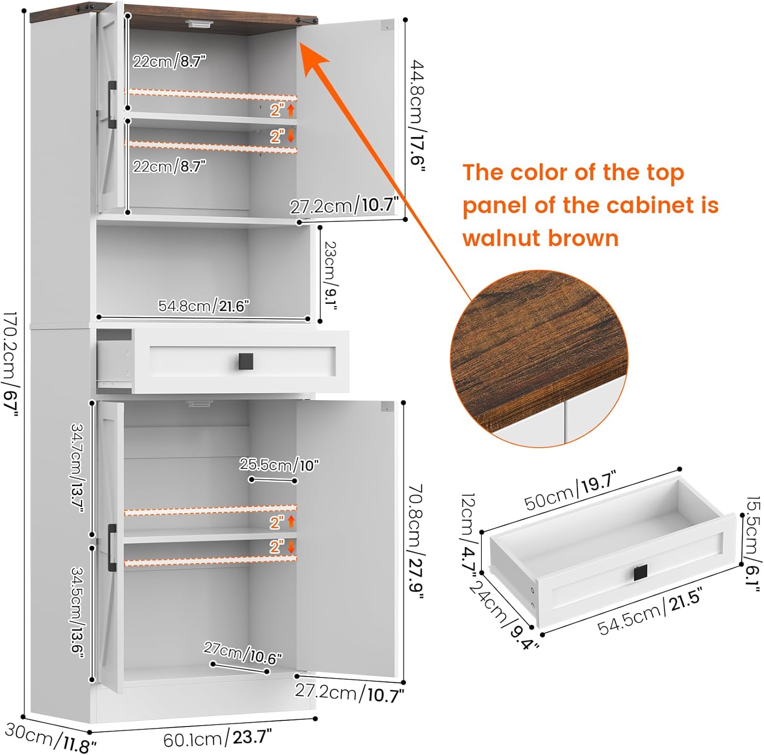 67' Tall Farmhouse Pantry Cabinet with Drawer,Small Storage Cabinet for Kitchen Bathroom Dining Room Kitchen (White, 11.8' D x 23.6' W x 67' H)
