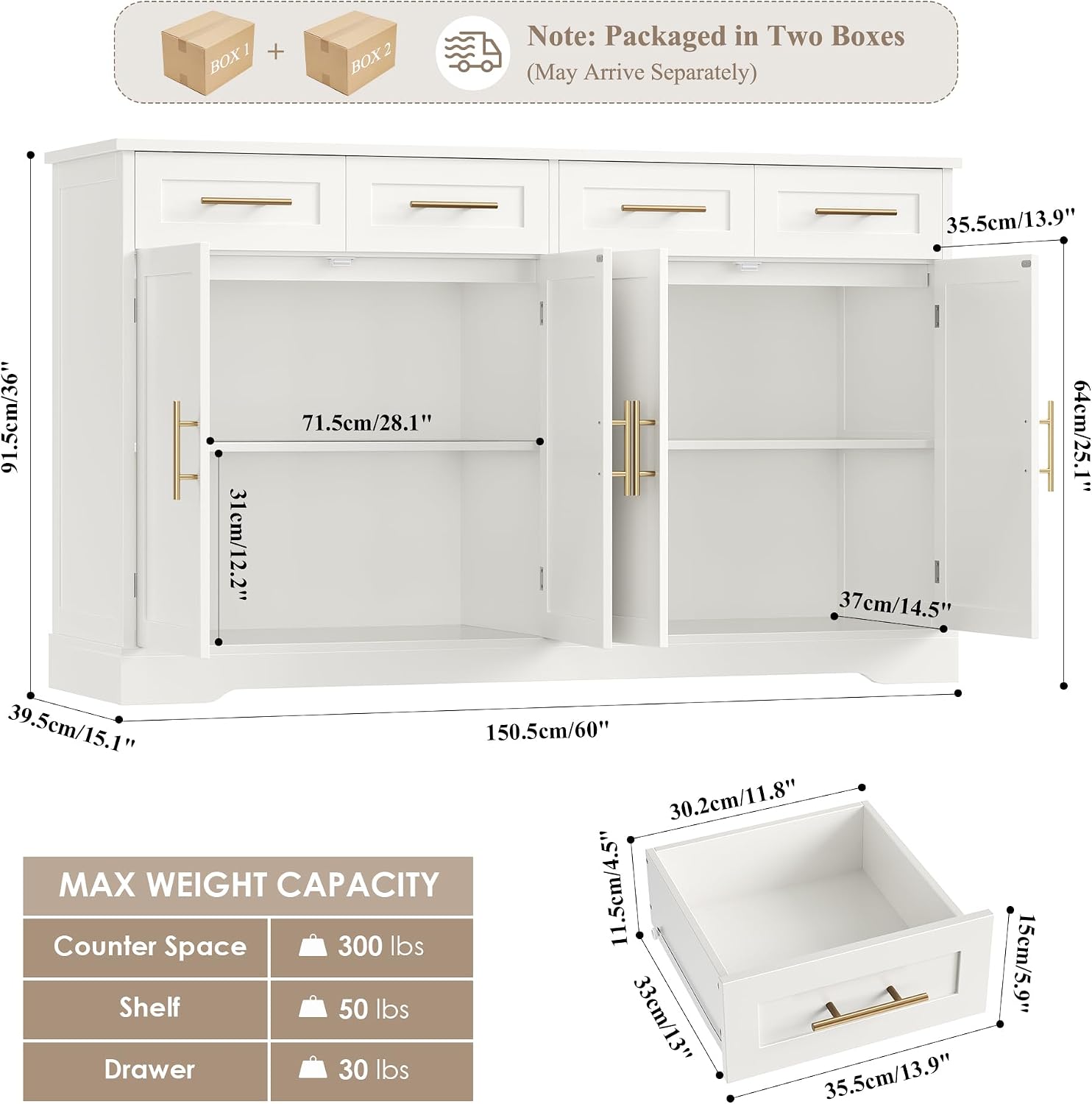 HOSTACK 60' Large Buffet Sideboard with Storage, 36' Tall Kitchen Buffet Storage Cabinet with 4 Drawers, Modern Coffee Bar Cabinet with Gold Handles, Long Sideboard Buffet Table for Kichen, White