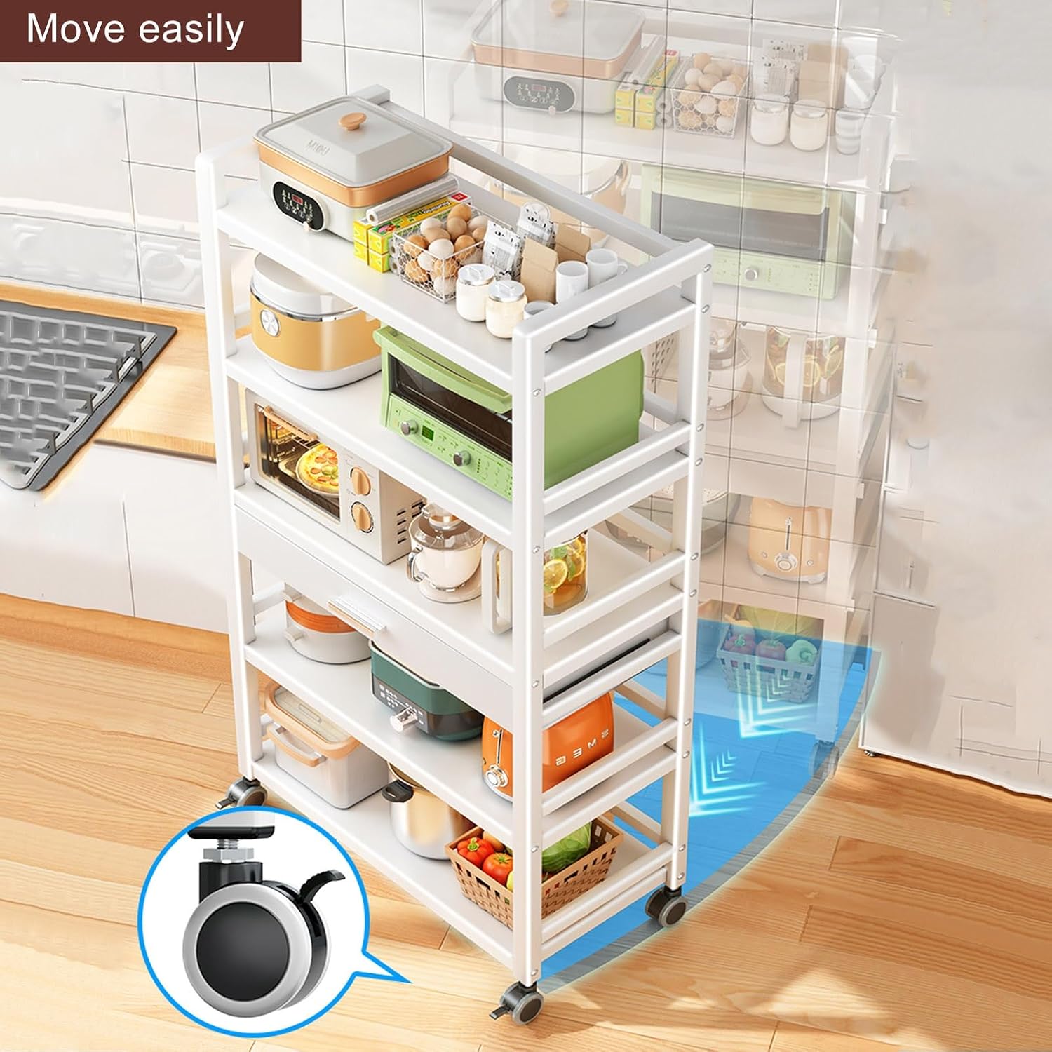 Kitchen Floor Cupboard Tall Storage Cabinet with Flip Doors Adjustable Shelves Kitchen Storage Sideboard with Countertop Free Standing，Microwave Oven Rack, 3-Tier Baker's Rack with Drawer, M