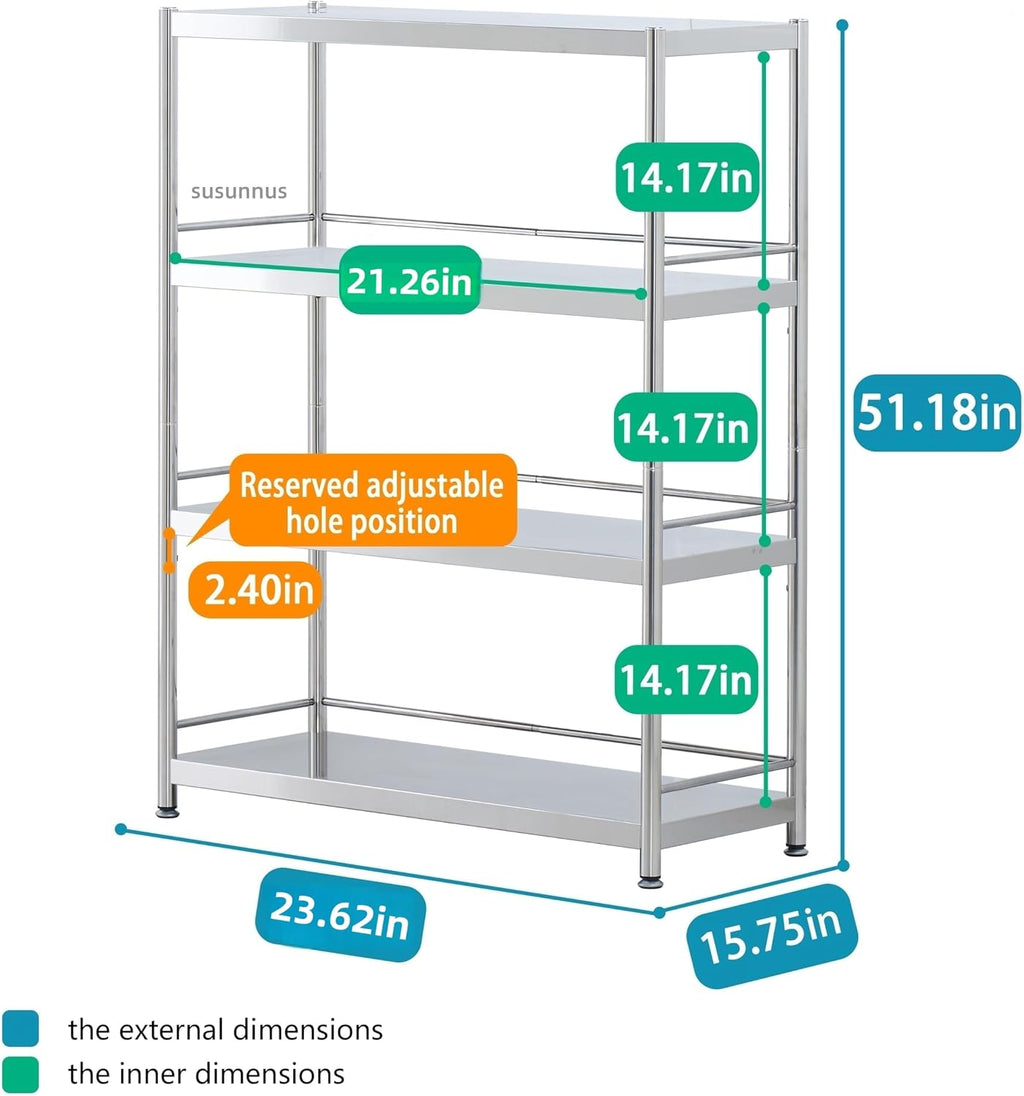 susunnus 23.6in Wide Heavy Duty Shelving Unit,4 Tier Stainless Steel Shelves, Industrial Storage Rack for Kitchen Garage, Steel Rack Shelving Unit for Home and Workshop(23.6in 4T-with Guardrails)