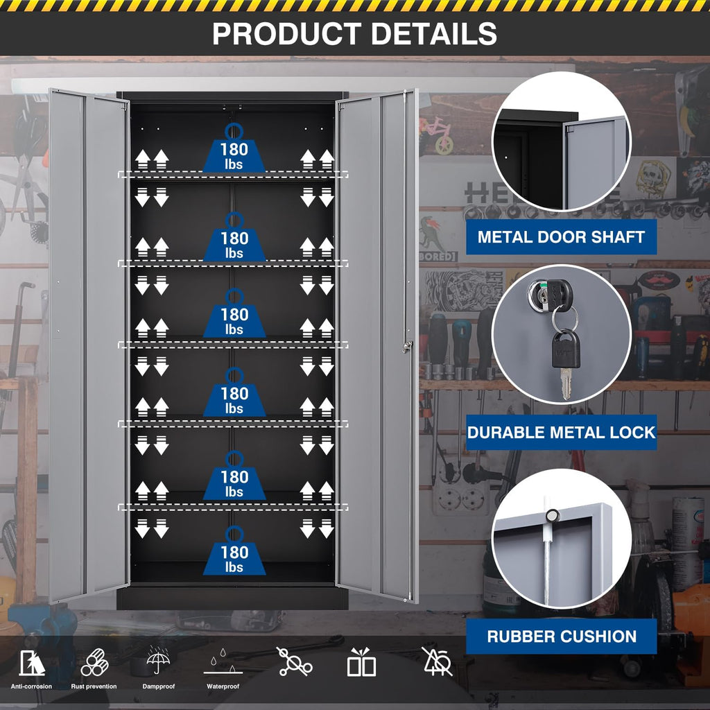 Fesbos Metal Cabinet Steel Storage Cabinet - 71' Tall File Cabinets with Lockable Doors and 5 Adjustable Shelves Black&Gray Steel Storage Cabinets for Home, School, Office, Garage