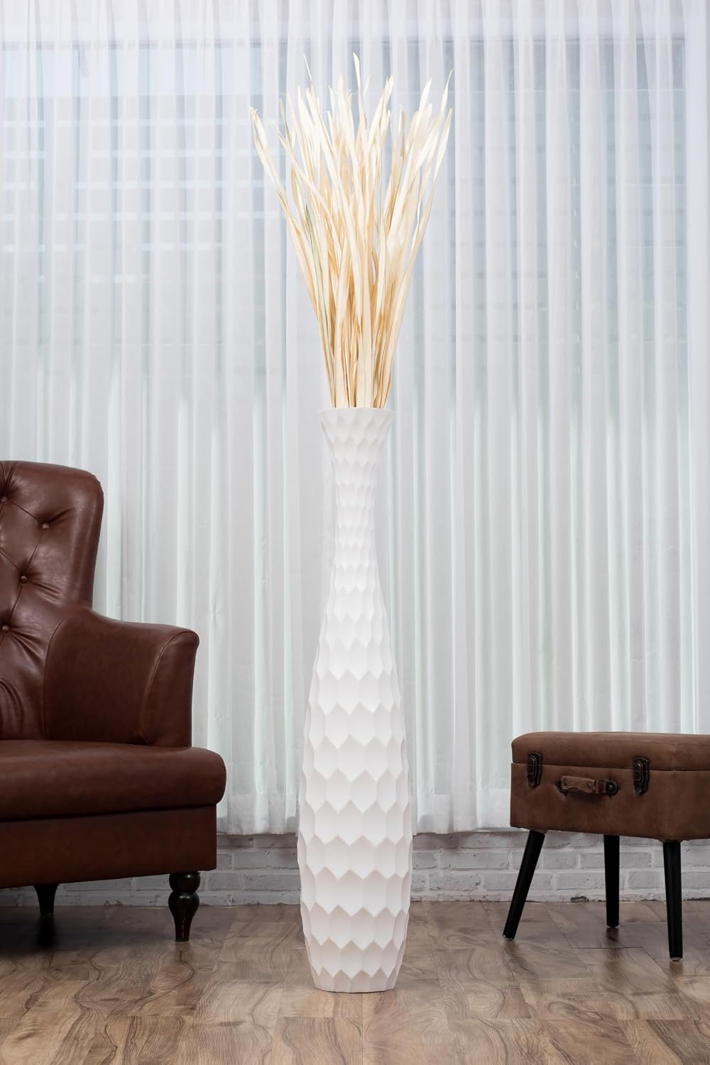 Leewadee Large White Home Decor Floor Vase - Wooden 41 inch Tall Farmhouse Decor Flower Holder for Fake Plant and Pampas Grass