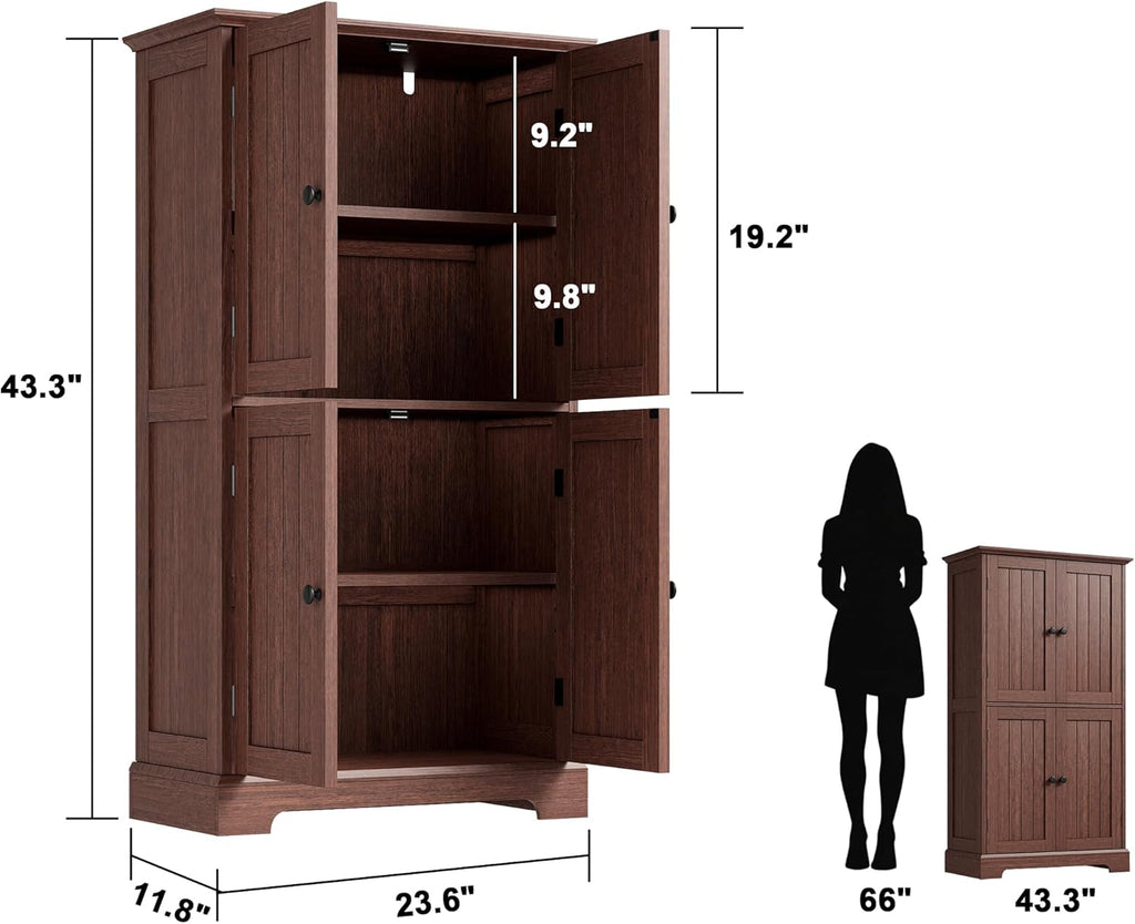 ChooChoo Bathroom Floor Cabinet, Farmhouse Bathroom Storage Cabinet with 4 Doors and Adjustable Shelves, Pantry Cabinet for Living Room, Kitchen, Walnut