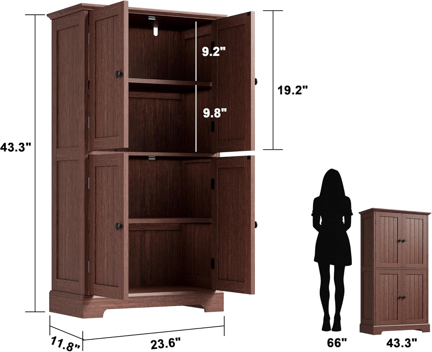 ChooChoo Bathroom Floor Cabinet, Farmhouse Bathroom Storage Cabinet with 4 Doors and Adjustable Shelves, Pantry Cabinet for Living Room, Kitchen, Walnut