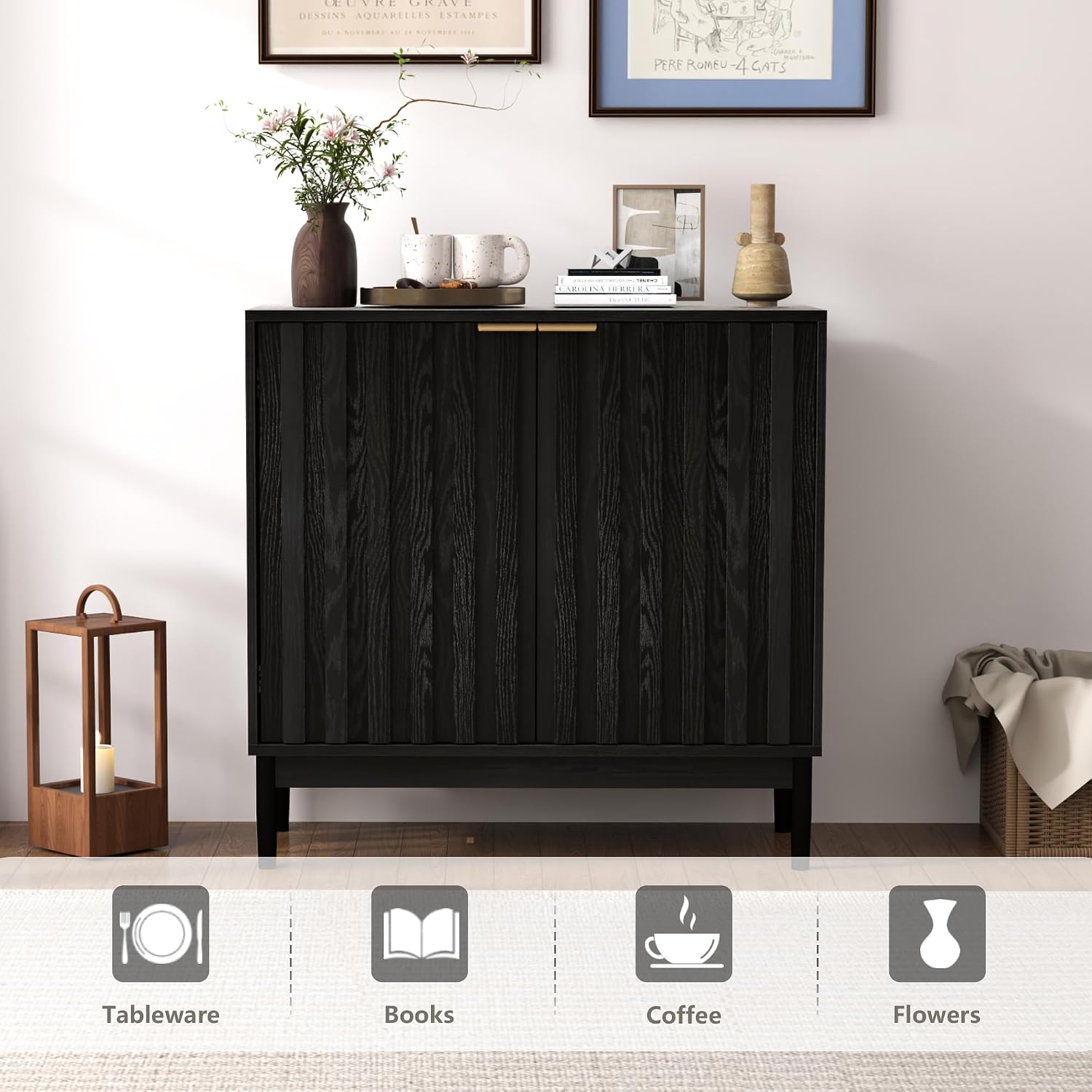 Otterease Fluted Cabinet with Storage, Buffet Cabinet Sideboard with Door, Kitchen Buffet Storage Accent Cabinets with Adjustable Shelves for Living Room, Entry, Hallway, Black