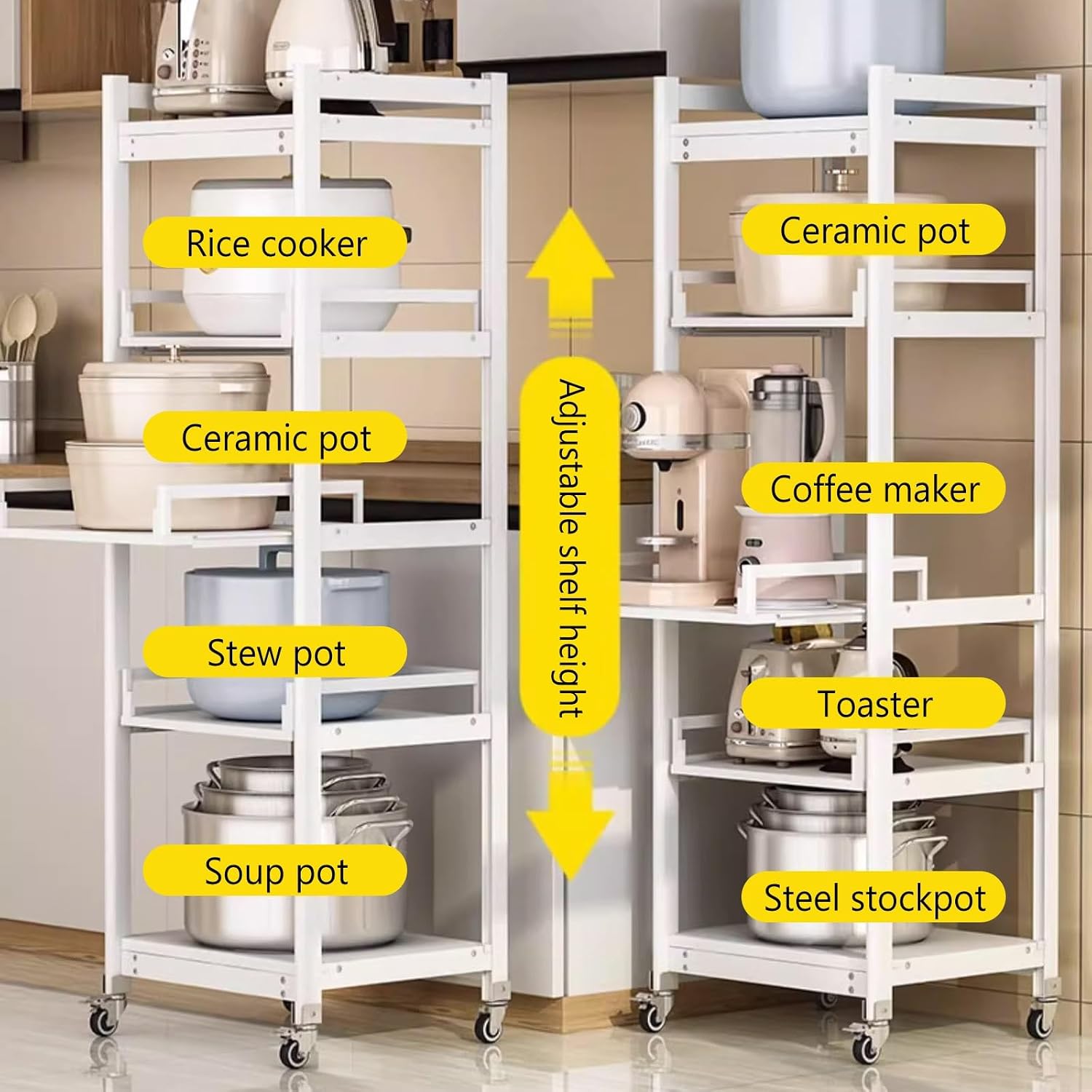 Kitchen Shelving Unit Adjustable Heigh, 5-Tier Food Corner Bakers Rack with Wheels, for Restaurant Laundry Bathroom Garage Warehouse