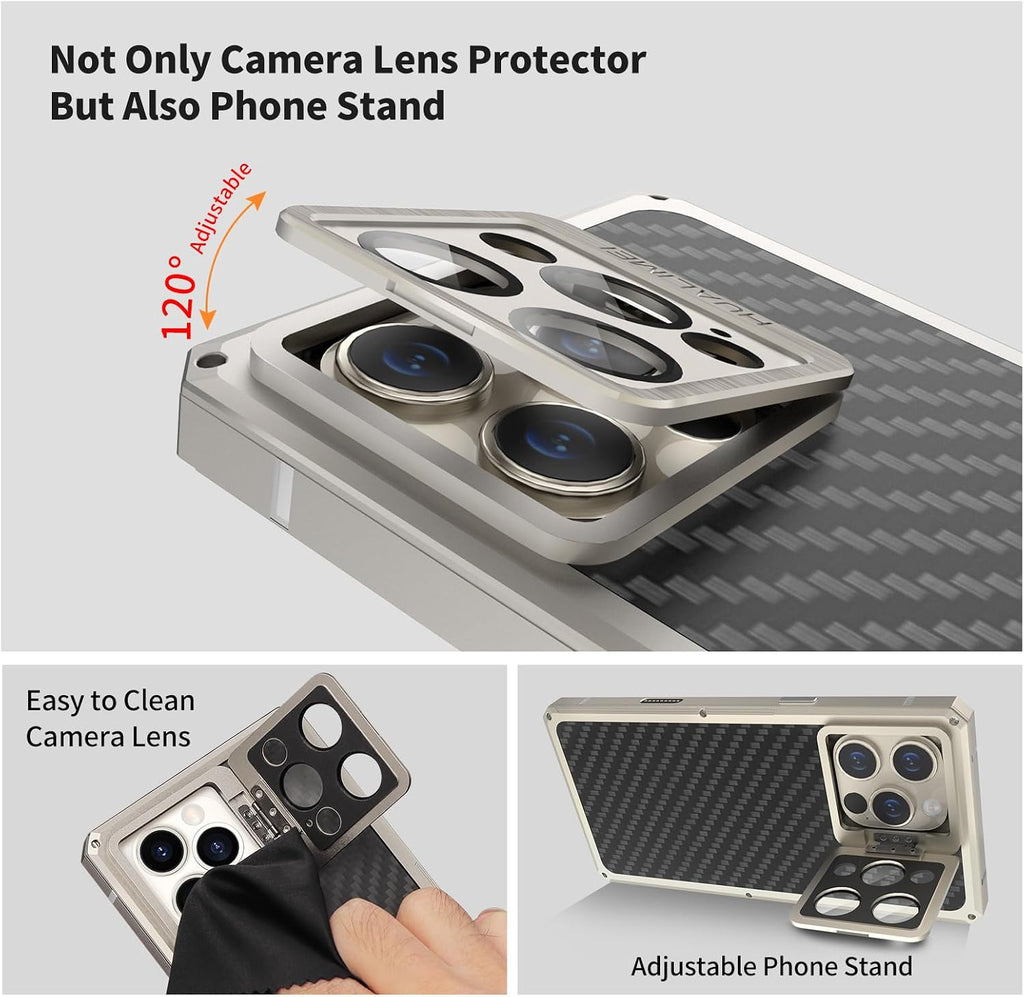 Luxury Carbon Fiber Aluminum Case for iPhone 16 Pro Max, Heavy Duty Rugged Military Protective Phone Cover with Camera Lens Protector Stand, Strong Magnetic Ring Compatible with Magsafe, Titanium