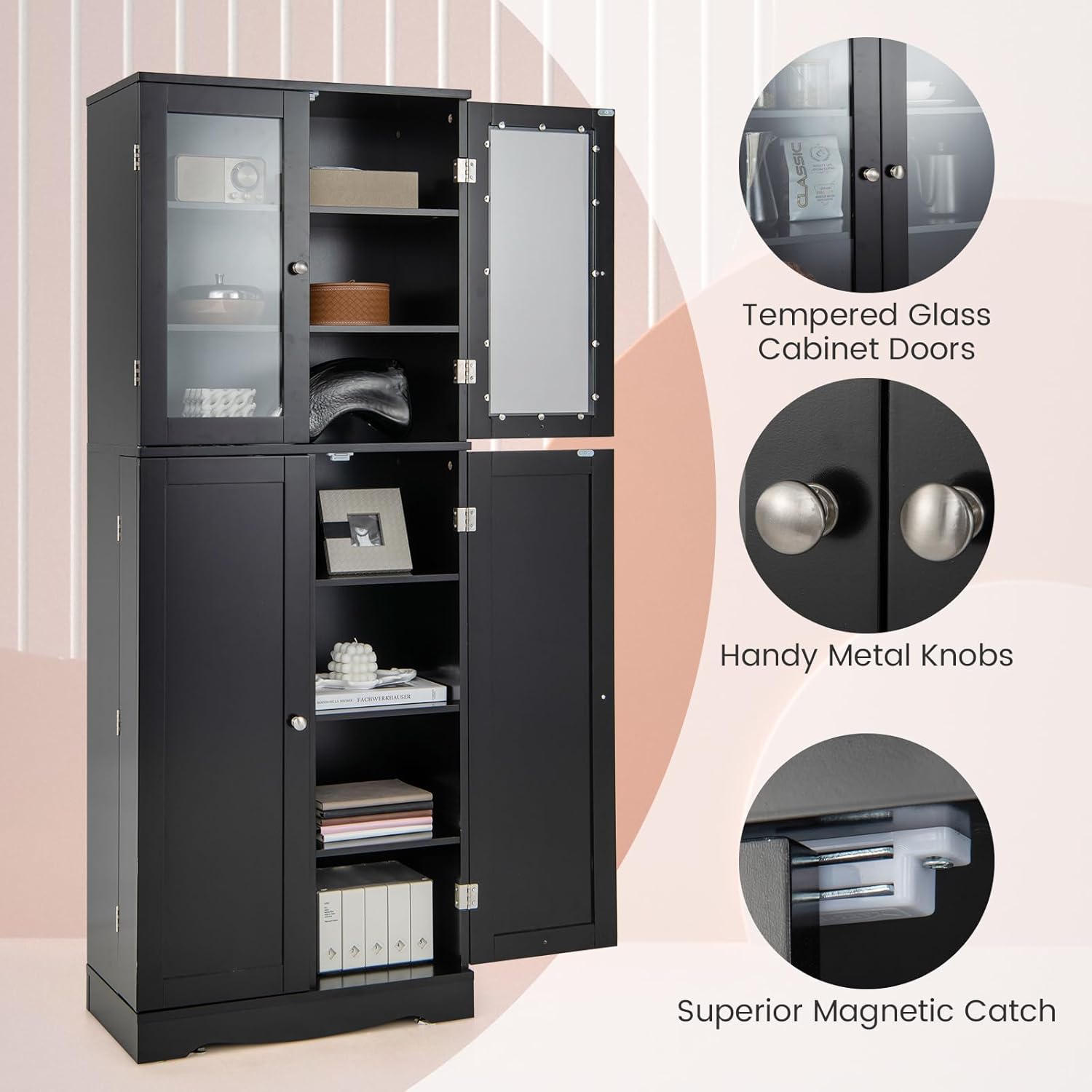 LOKO 63.5' Tall Kitchen Pantry Storage Cabinet, Freestanding Food Storage Cabinet with Glass Doors, Storage Shelves & Door Racks, Modern Cupboard for Dining Room, Living Room (Black)