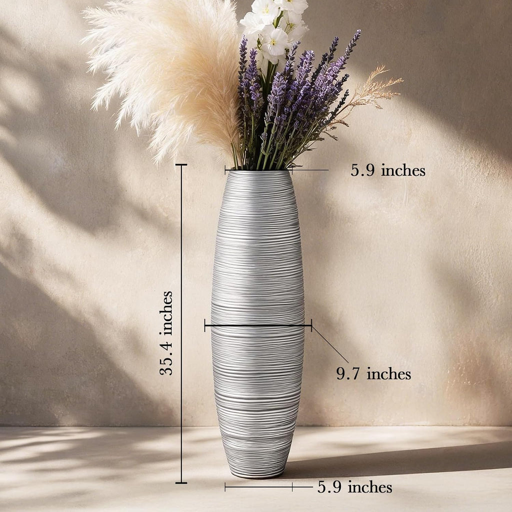 Large Floor Vase 35.4' Silver Metallic, Resin Wide-Body Vase with Horizontal Ribbed Texture for Dried Pampas Grass Branches, Modern Home Decor for Living Room Corner Entryway