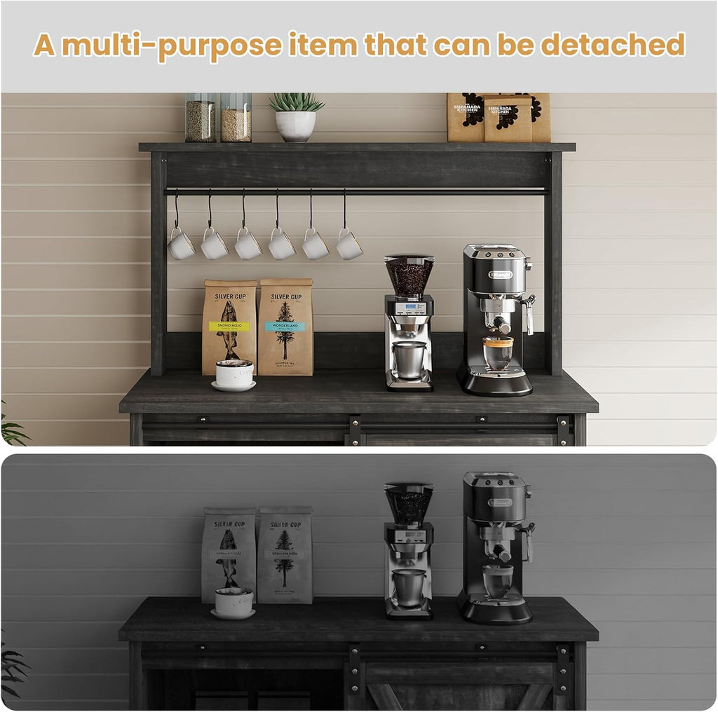 4ever2buy Farmhouse Coffee Bar Cabinet with Hutch, 31 Inch Coffee Bar Hutch with Sliding Barn Door & 6 Hooks for Living Dining Room, Dark Oak | Sliding Barn Door
